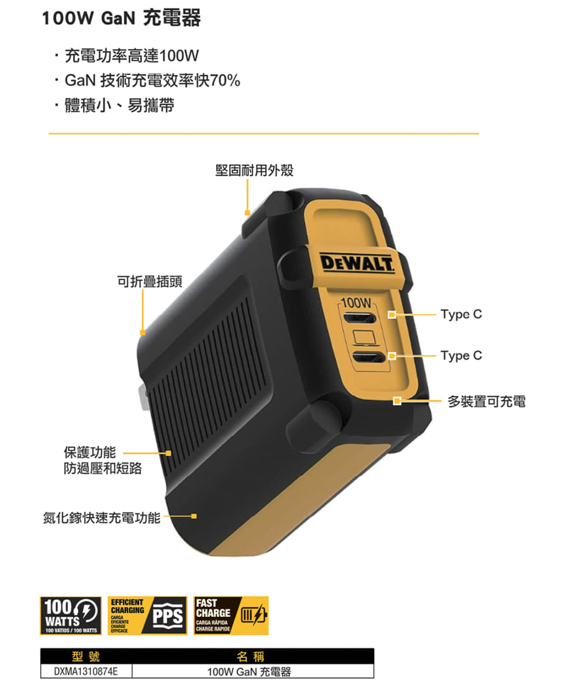 DEWALT 得偉 美國｜100W GaN充電器｜DXMA1310874E