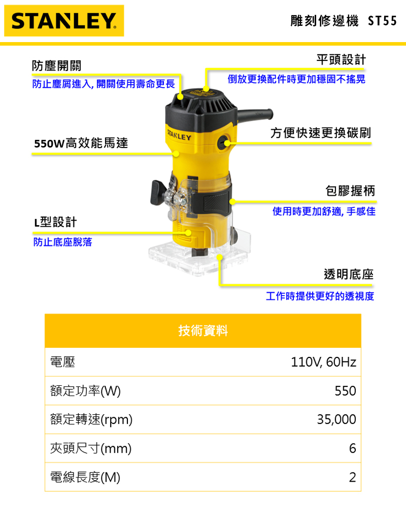 STANLEY 美國 史丹利｜ST55｜550W 插電式修邊機 防塵開關 插電修邊機｜公司貨｜ST-ST55