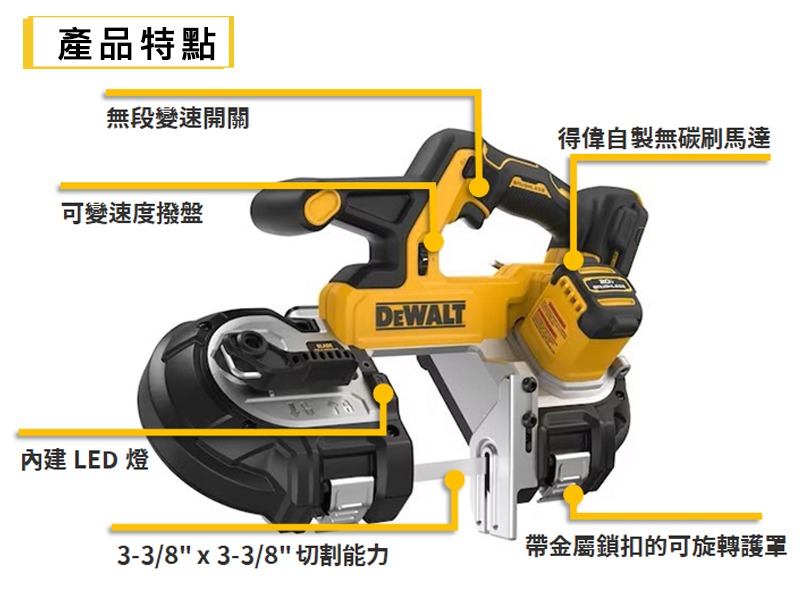 美國 得偉 DEWALT ｜20V 無刷86mm帶鋸機(空機)｜DW-DCS378B