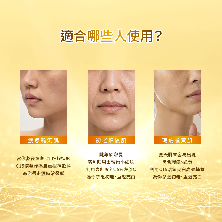 適用膚質:適合疲倦暗沉肌、初老細紋肌與瑕疵蠟黃肌