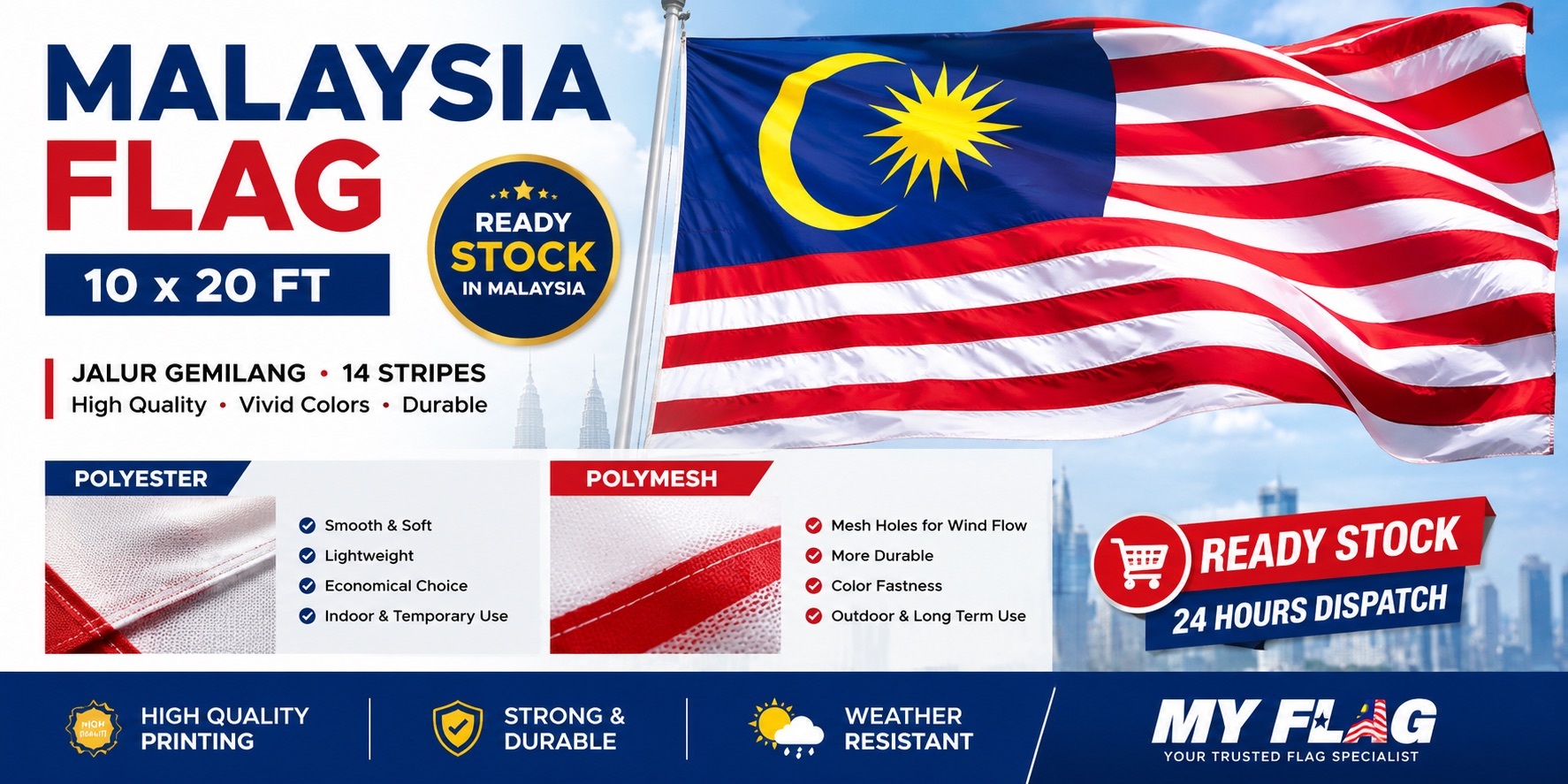 Malaysia Flag Jalur Gemilang 10x20FT Ready Stock Polyester / Polymesh Outdoor Bendera Malaysia