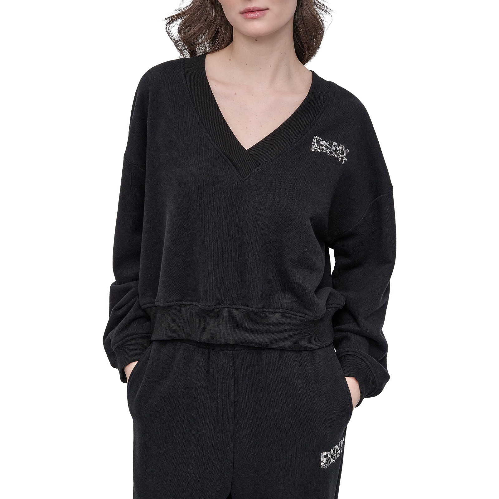 【預購】DKNY SPORT H073116 女裝水鑽 Logo V領衛衣 (黑色)