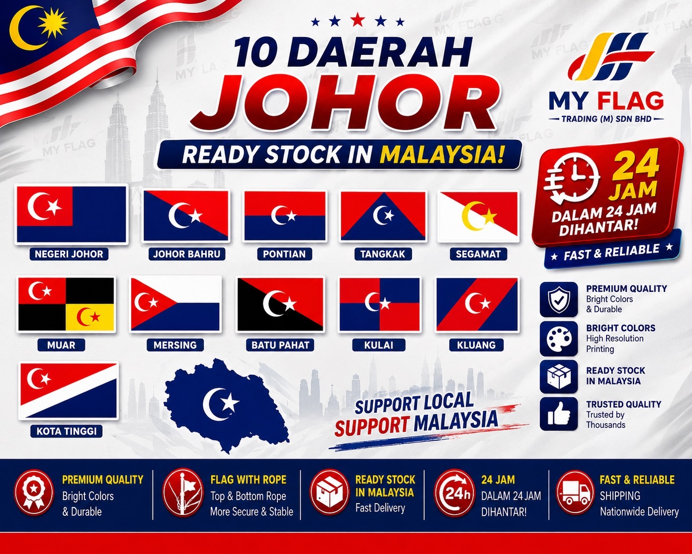 Bendera 10 Daerah Johor Flag 3x6FT | Polyester Bendera Daerah Johor | Ready Stock Malaysia
