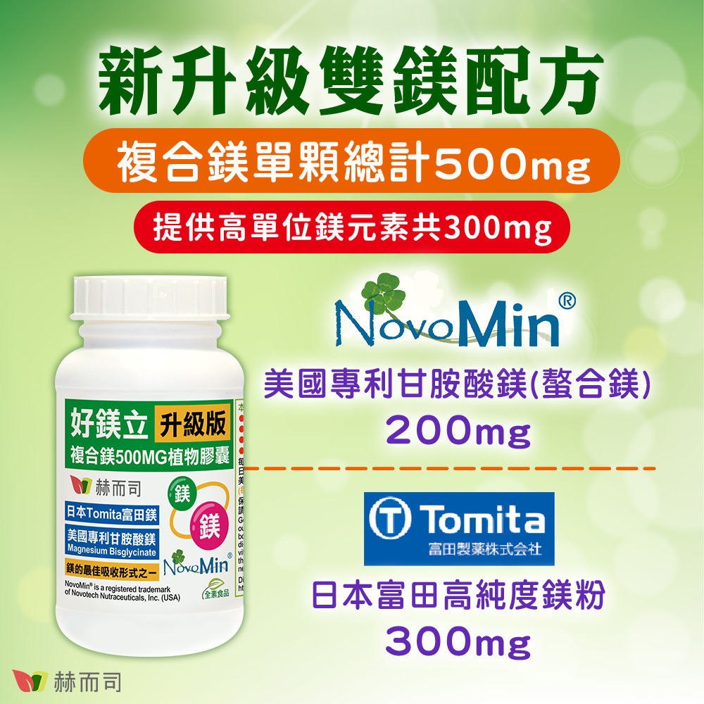 甘胺酸鎂推薦 赫而司好鎂立複合鎂植物膠囊 新升級雙鎂配方,複合鎂單顆總計500mg,提供高單位鎂元素共300mg,美國Novotech專利甘胺酸鎂(螯合鎂)200mg,日本富田Tomita高純度鎂粉300mg