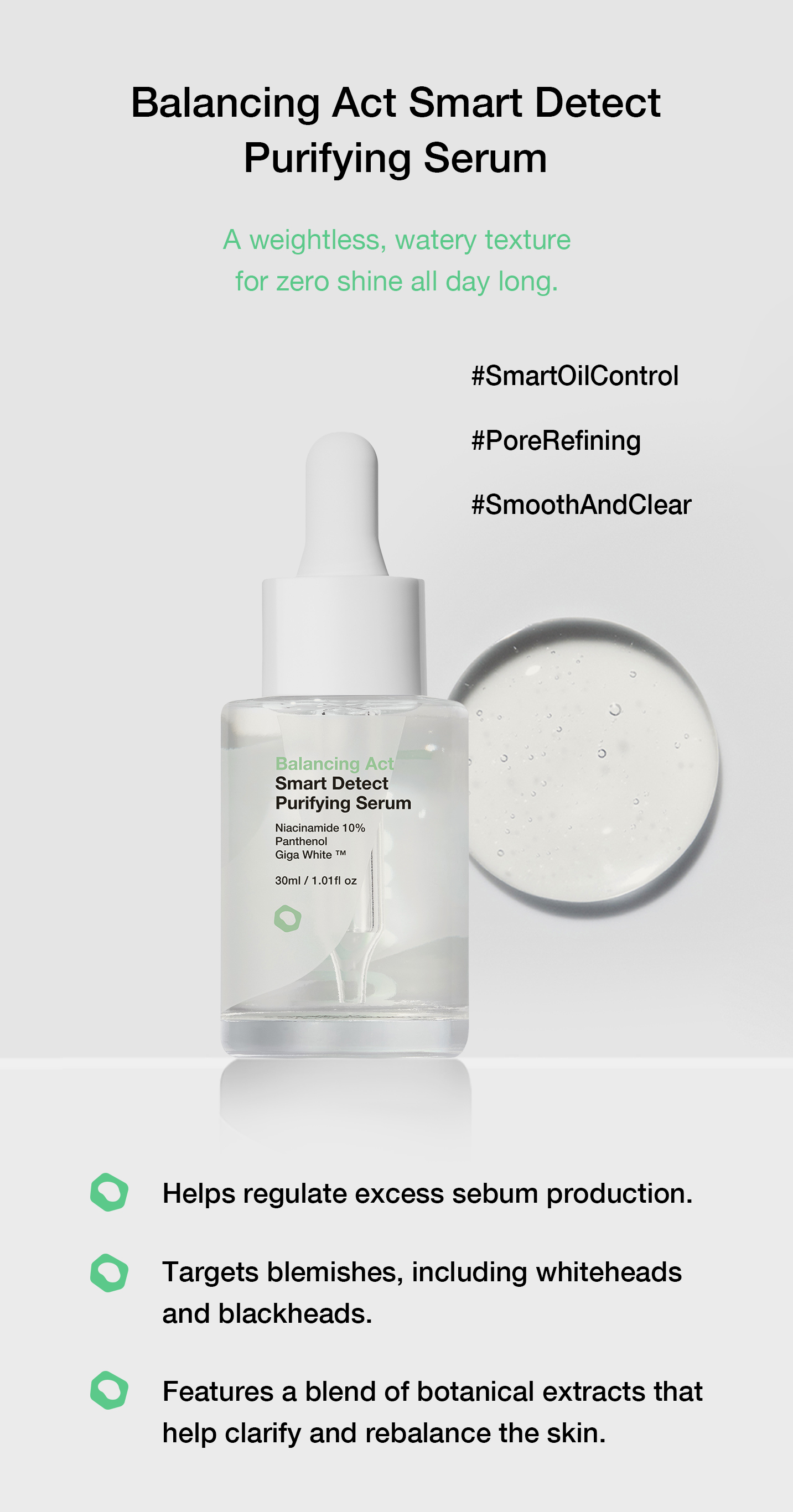 Balancing Act Smart Detect Purifying Serum product packaging and key benefits overview