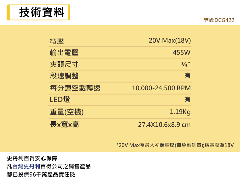 DEWALT 得偉 美國｜20V 直角研磨機 455W 直角式刻模機 充電刻模機｜空機｜DCG422B｜DCG422