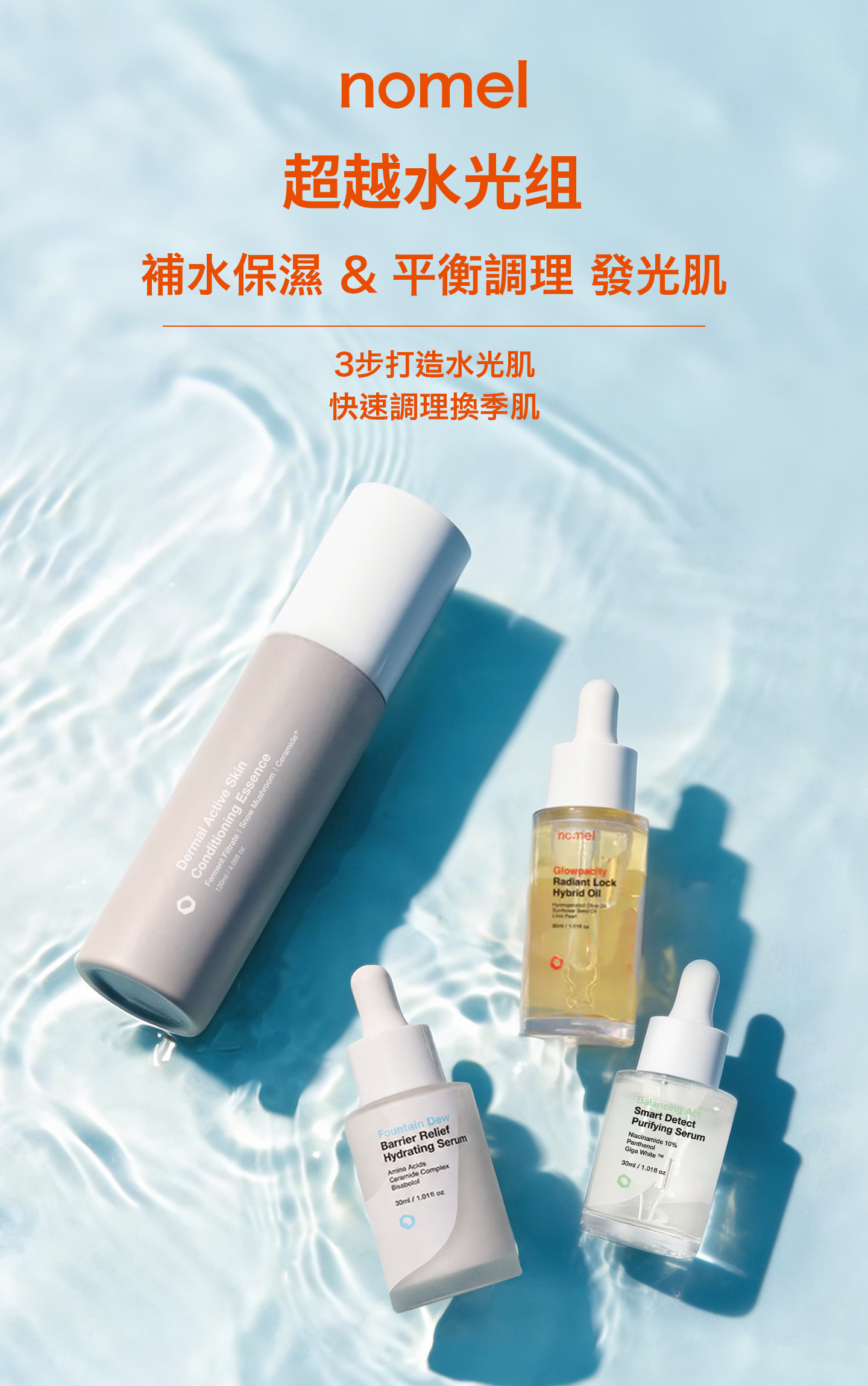 nomel 超越水光組使用順序步驟說明，前導液、精華、煥顏油塗抹先後順序示範