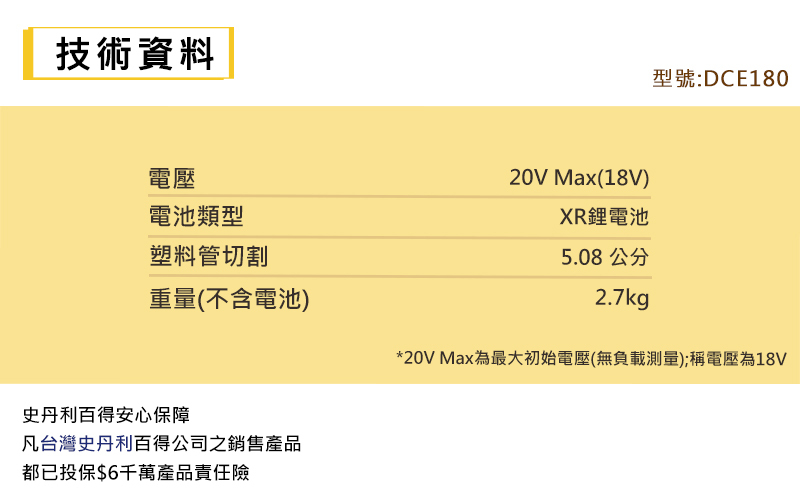 DEWALT 得偉 美國｜20V 塑料管切割機｜1-2" 充電式切管機 塑膠材料用 自動手動切割器｜空機｜DCE180B