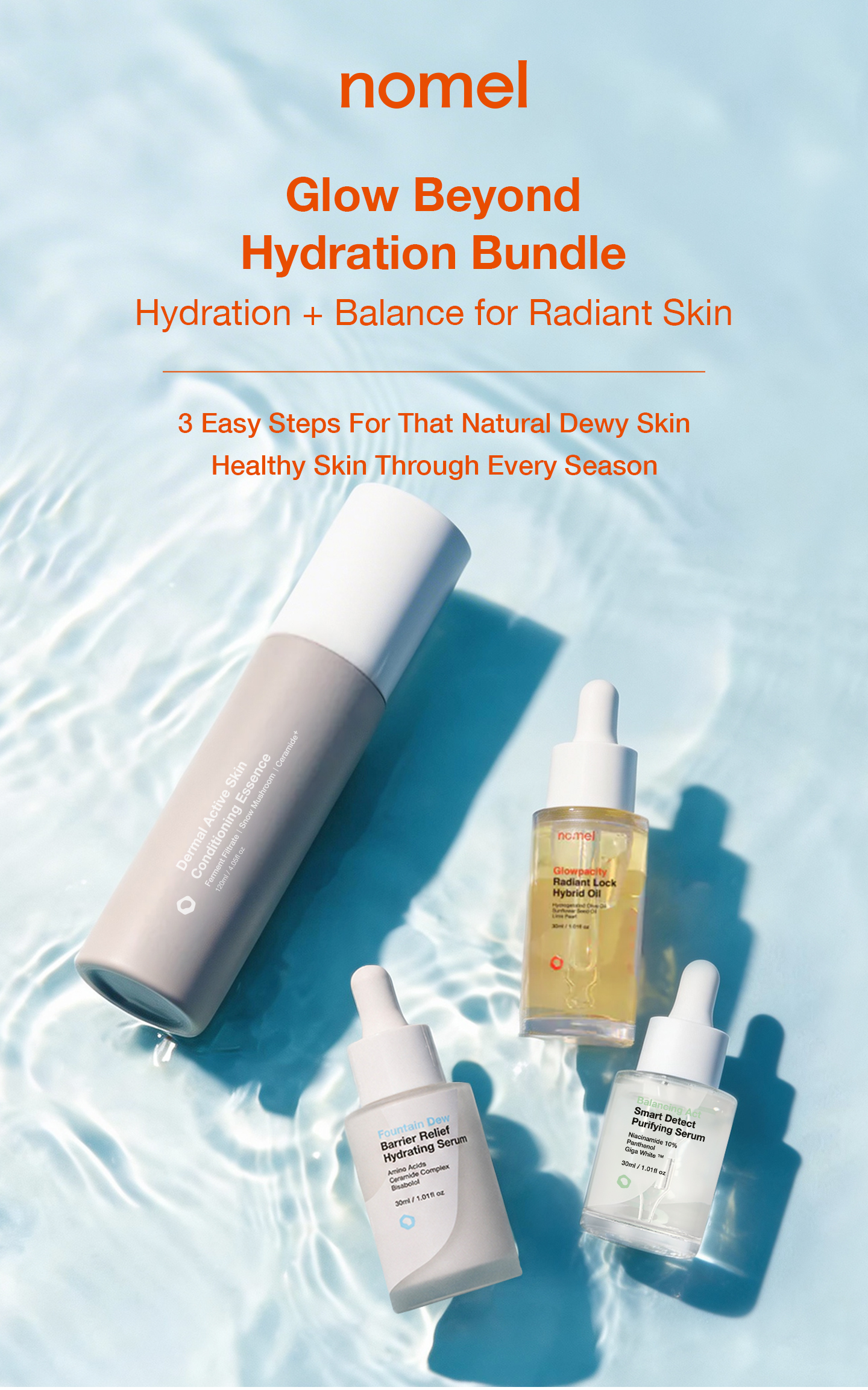 nomel Glow Beyond Hydration Bundle step-by-step usage order guide for essence, serum and oil application
