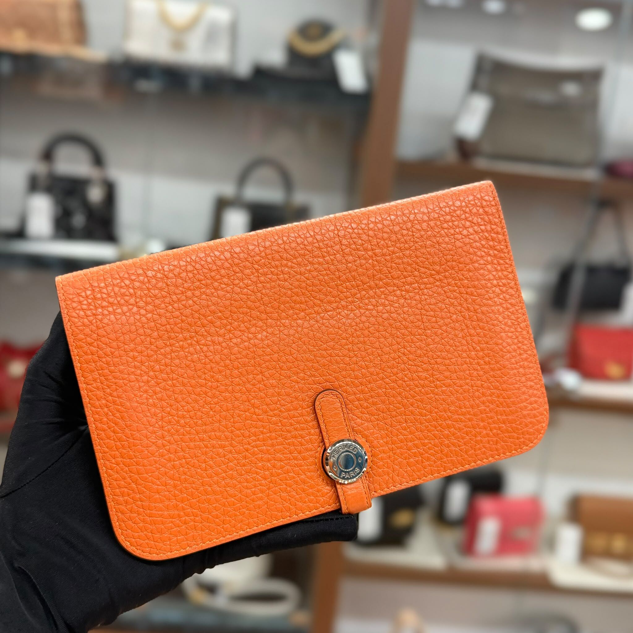 90%NEW  USED HERMES DOGON DUO WALLET ORANGE 橙色銀扣TOGO皮  #愛馬仕長銀包