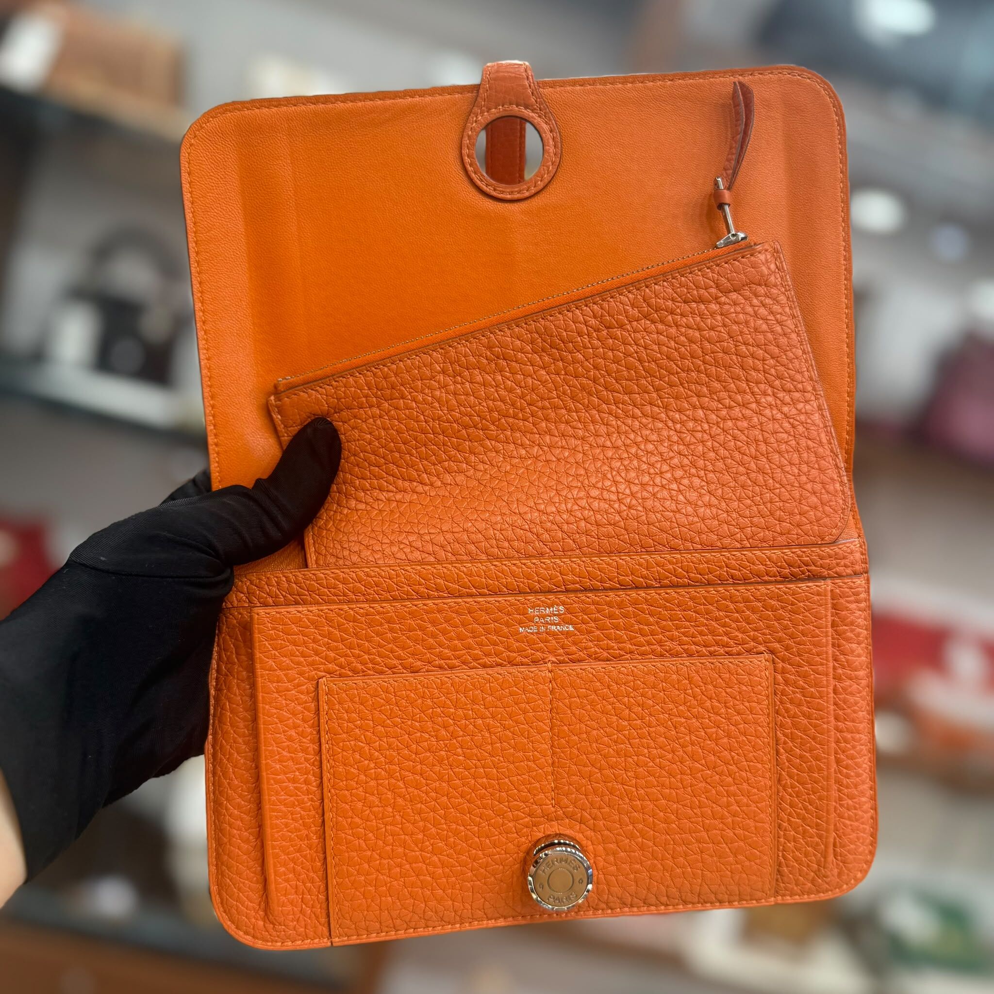 90%NEW  USED HERMES DOGON DUO WALLET ORANGE 橙色銀扣TOGO皮  #愛馬仕長銀包