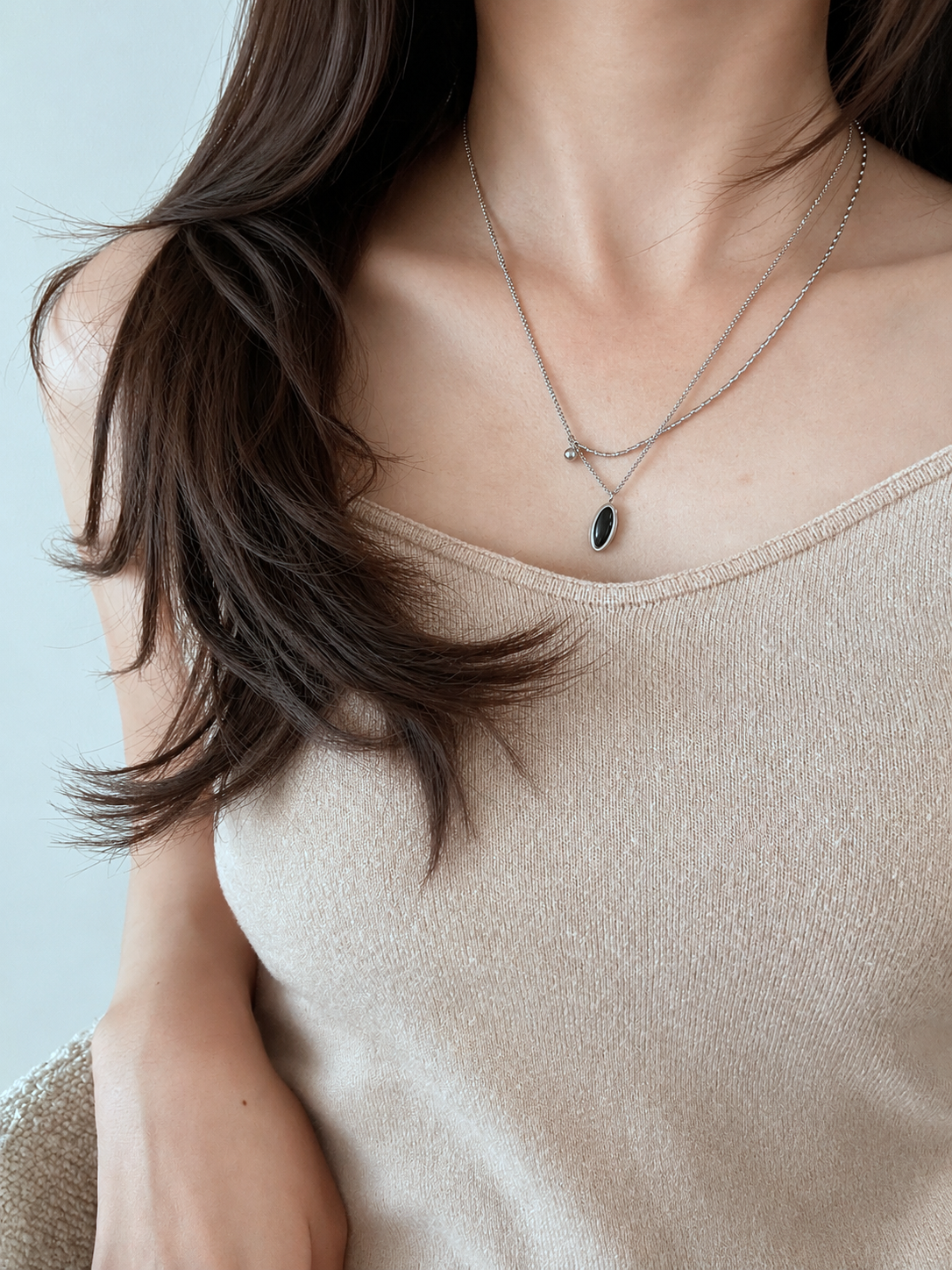 SS oval stone layered necklace