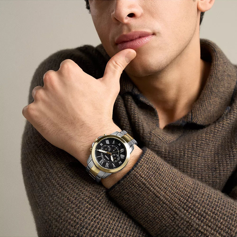 Grant 圓形雙色殼黑面羅馬字三眼對錶禮盒組 金銀色不鏽鋼錶帶 42 MM FS6202SET