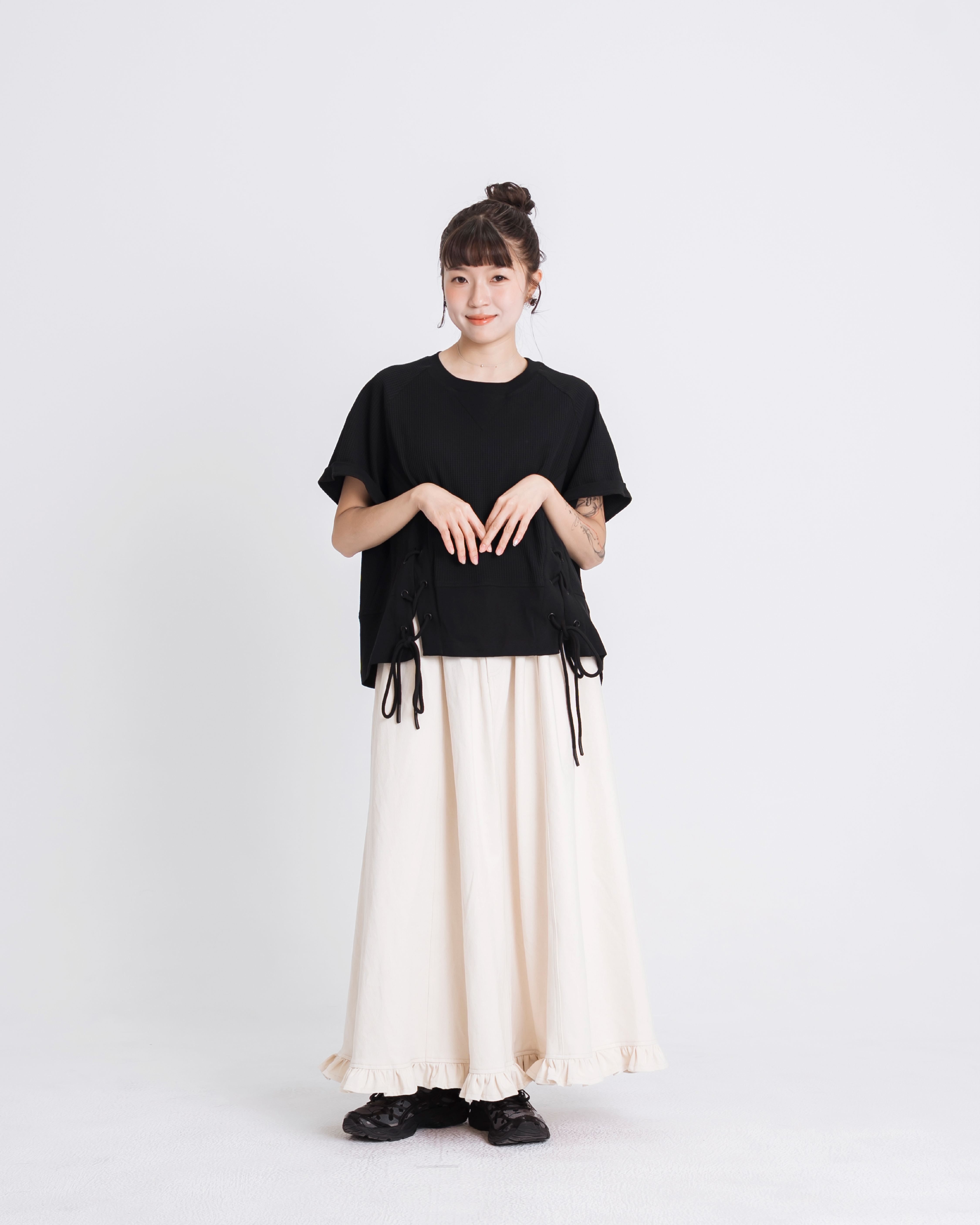 【 Kiki.co made 】Waffle Ballet-Lace Patchwork Tee - Black