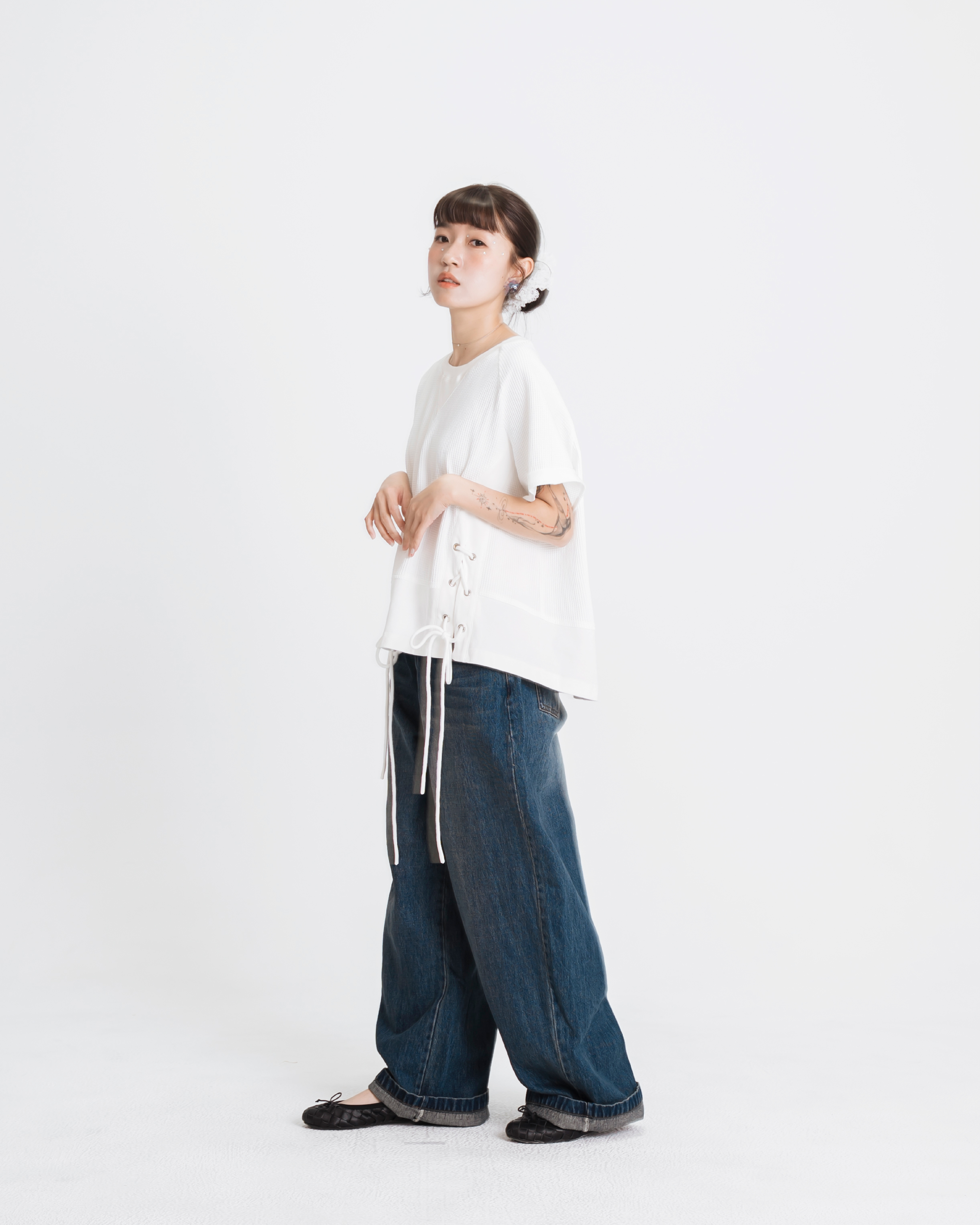 【 Kiki.co made 】Waffle Ballet-Lace Patchwork Tee - Ivory