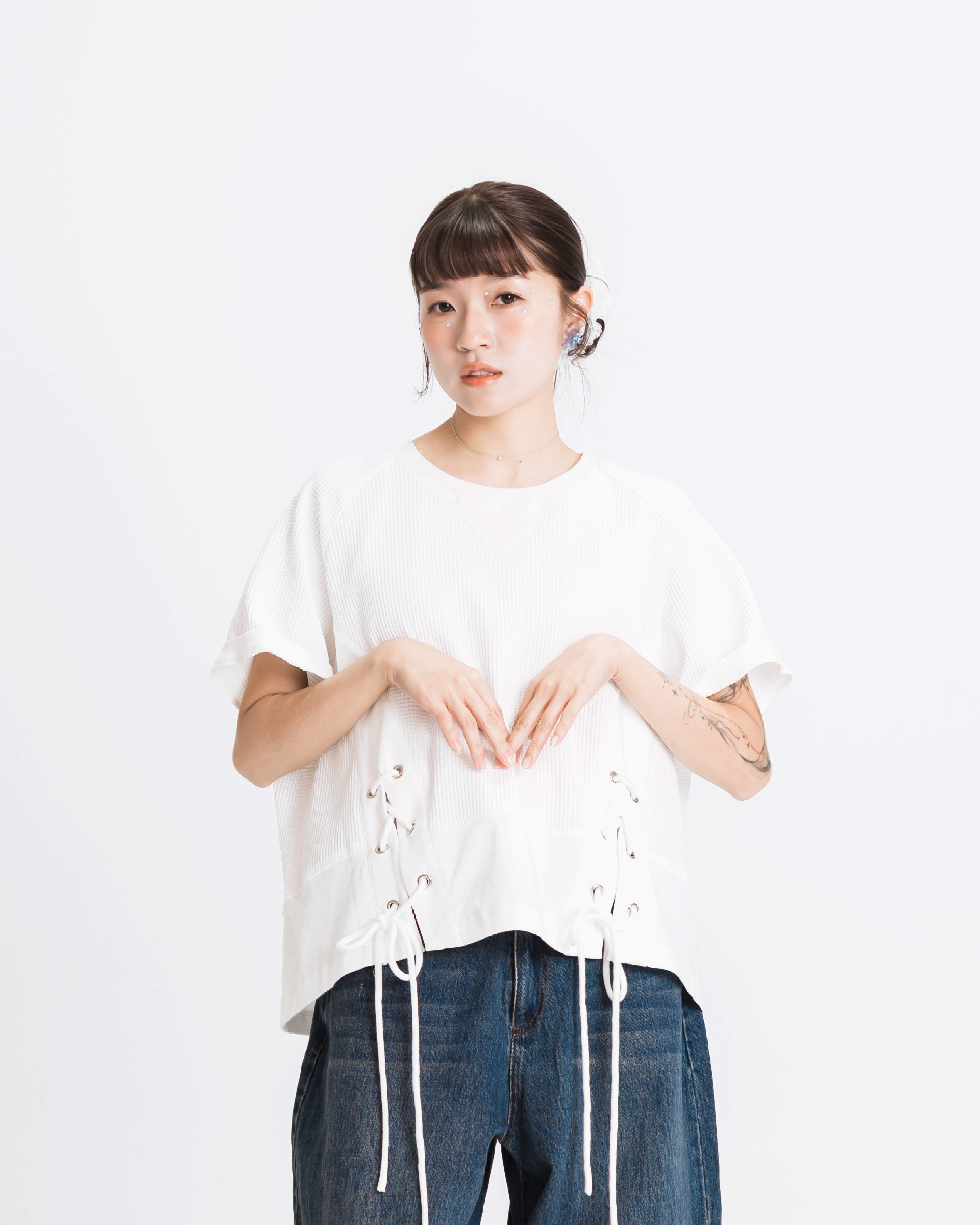 【 Kiki.co made 】Waffle Ballet-Lace Patchwork Tee - Ivory