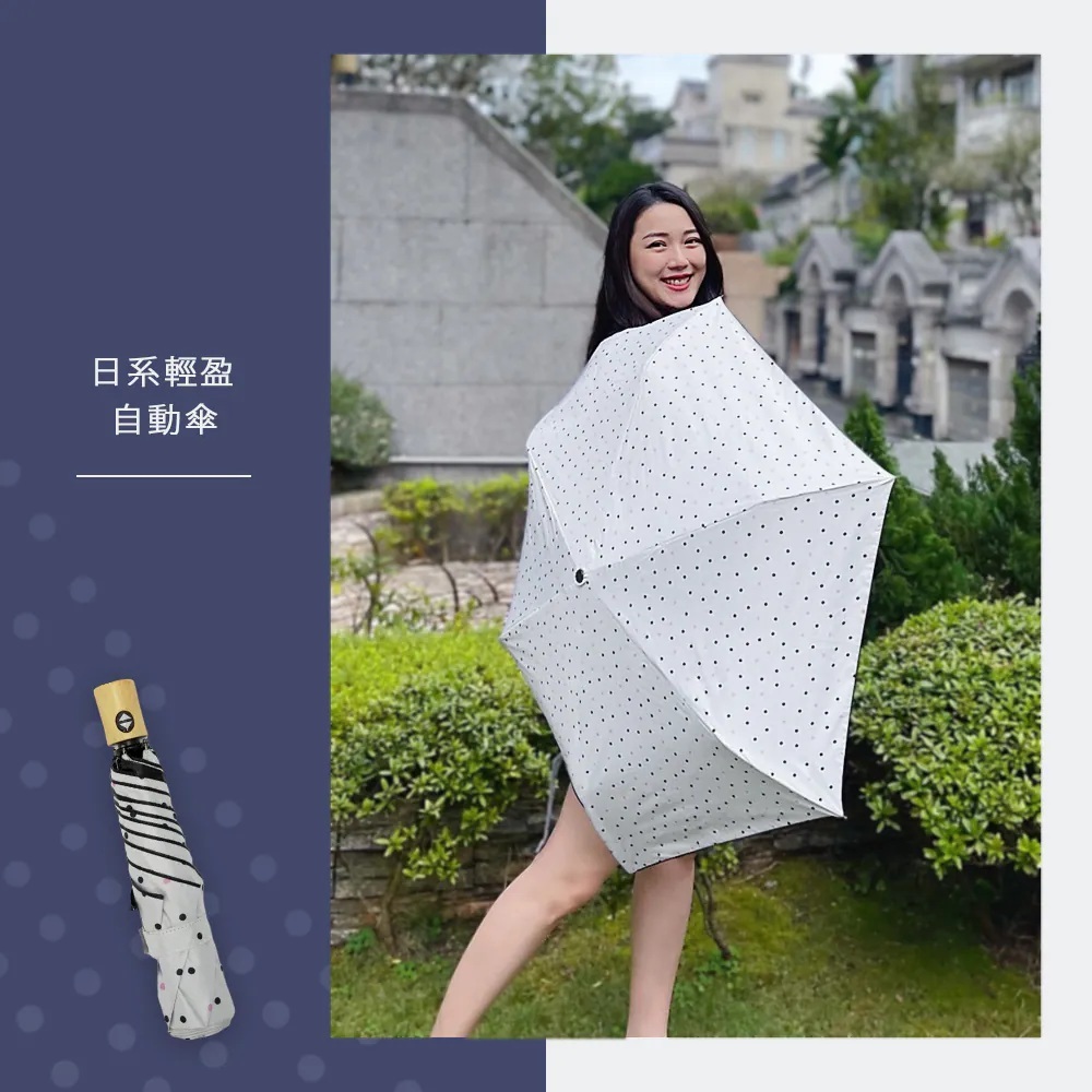 模特兒在戶外撐起白底小點雨傘的實拍圖，強調產品的日系輕盈感。