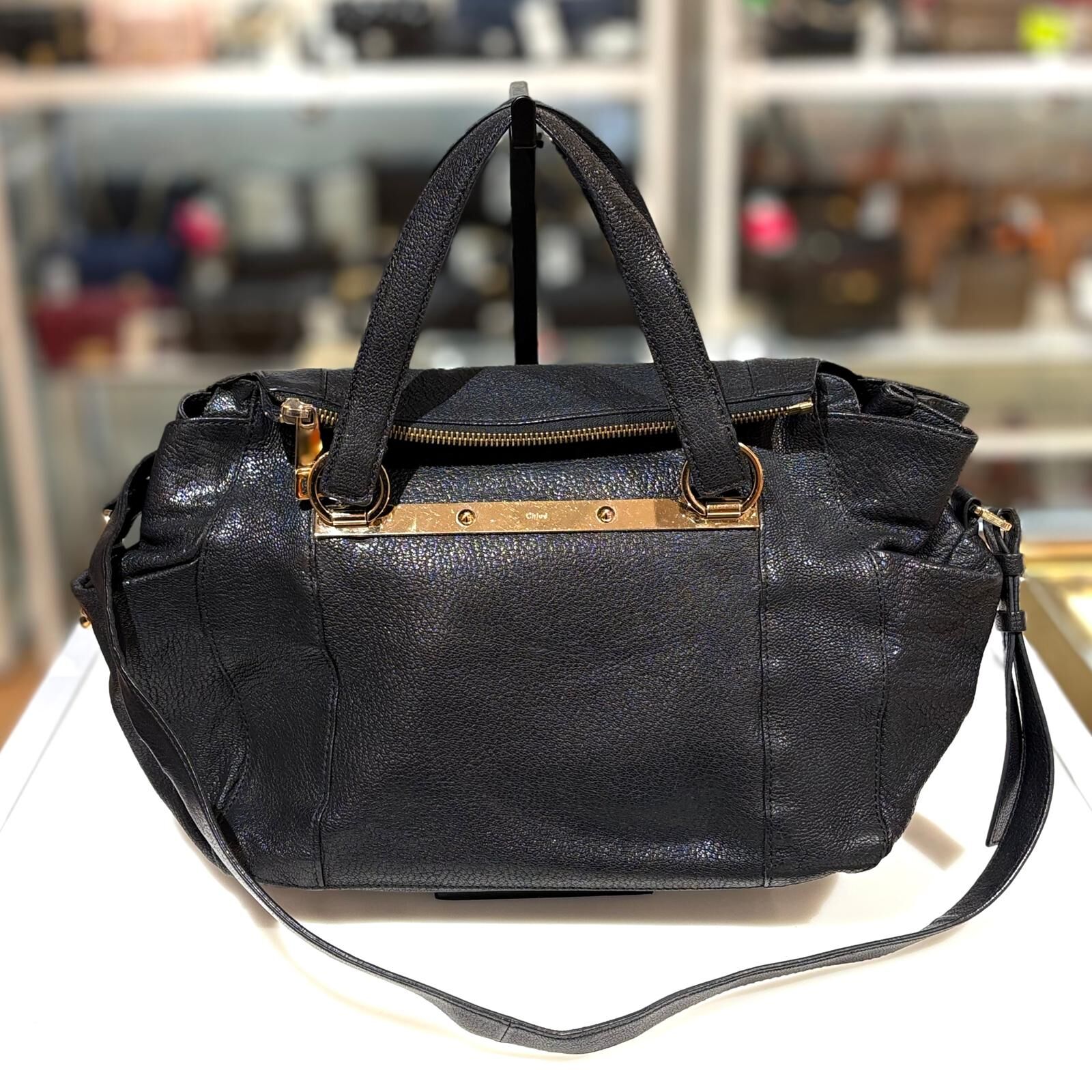 95%NEW二手CHLOE手挽/斜背袋 247058794 BLACK BRIDGET NO STRAP BAG 黑色荔枝皮金扣 #香榭站正品