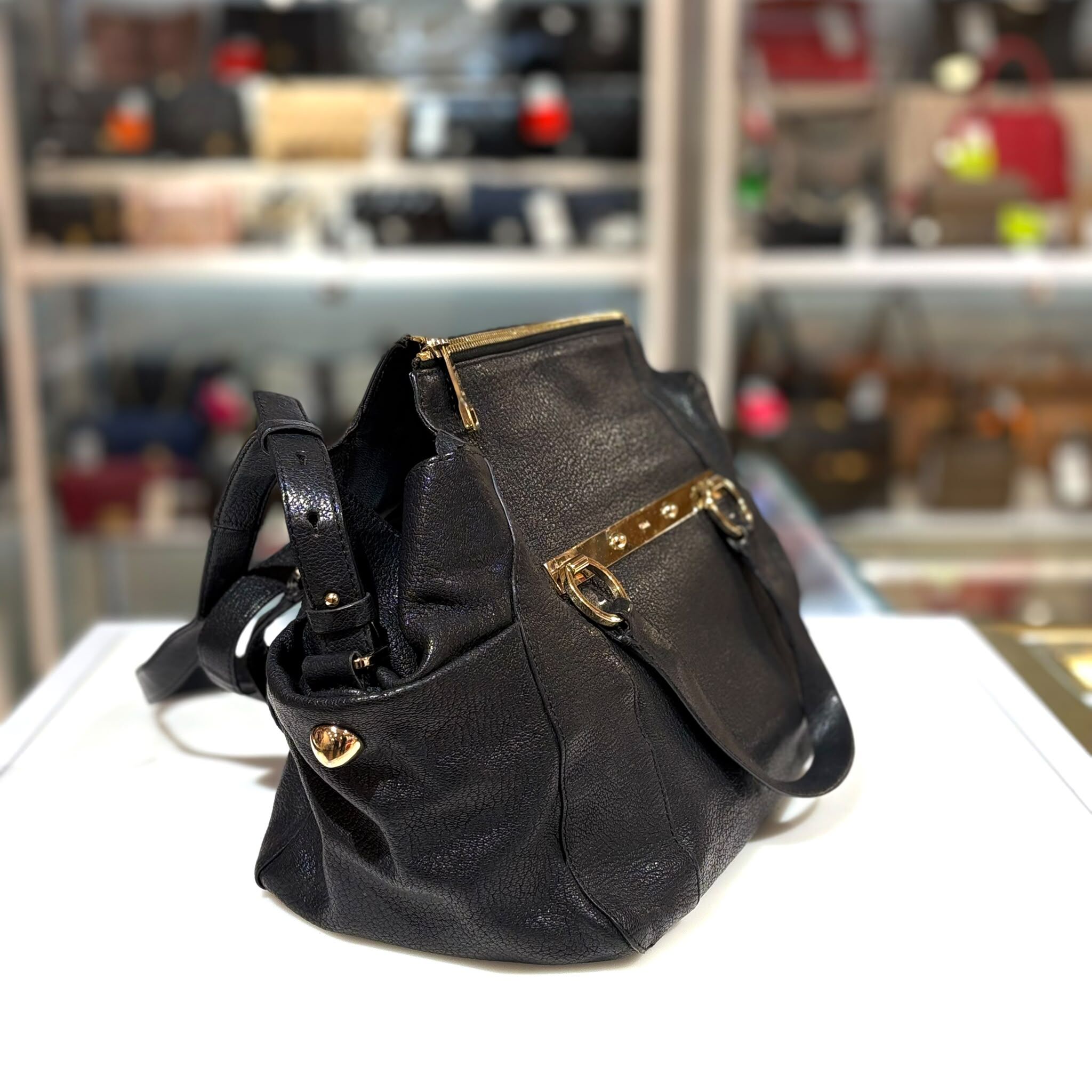 95%NEW二手CHLOE手挽/斜背袋 247058794 BLACK BRIDGET NO STRAP BAG 黑色荔枝皮金扣 #香榭站正品
