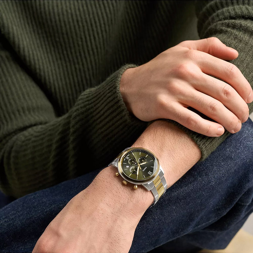 Neutra 綠面雙色不鏽鋼三眼計時錶 金銀色不鏽鋼錶帶 44 MM FS6189