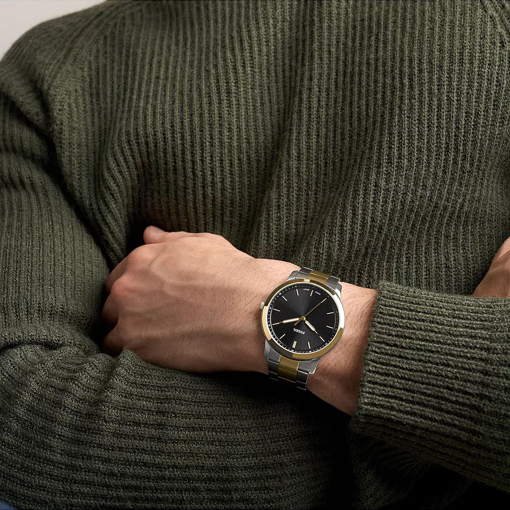 Minimalist 雙色全金屬不鏽鋼鍊帶錶 金銀色不鏽鋼錶帶 44 MM FS6182