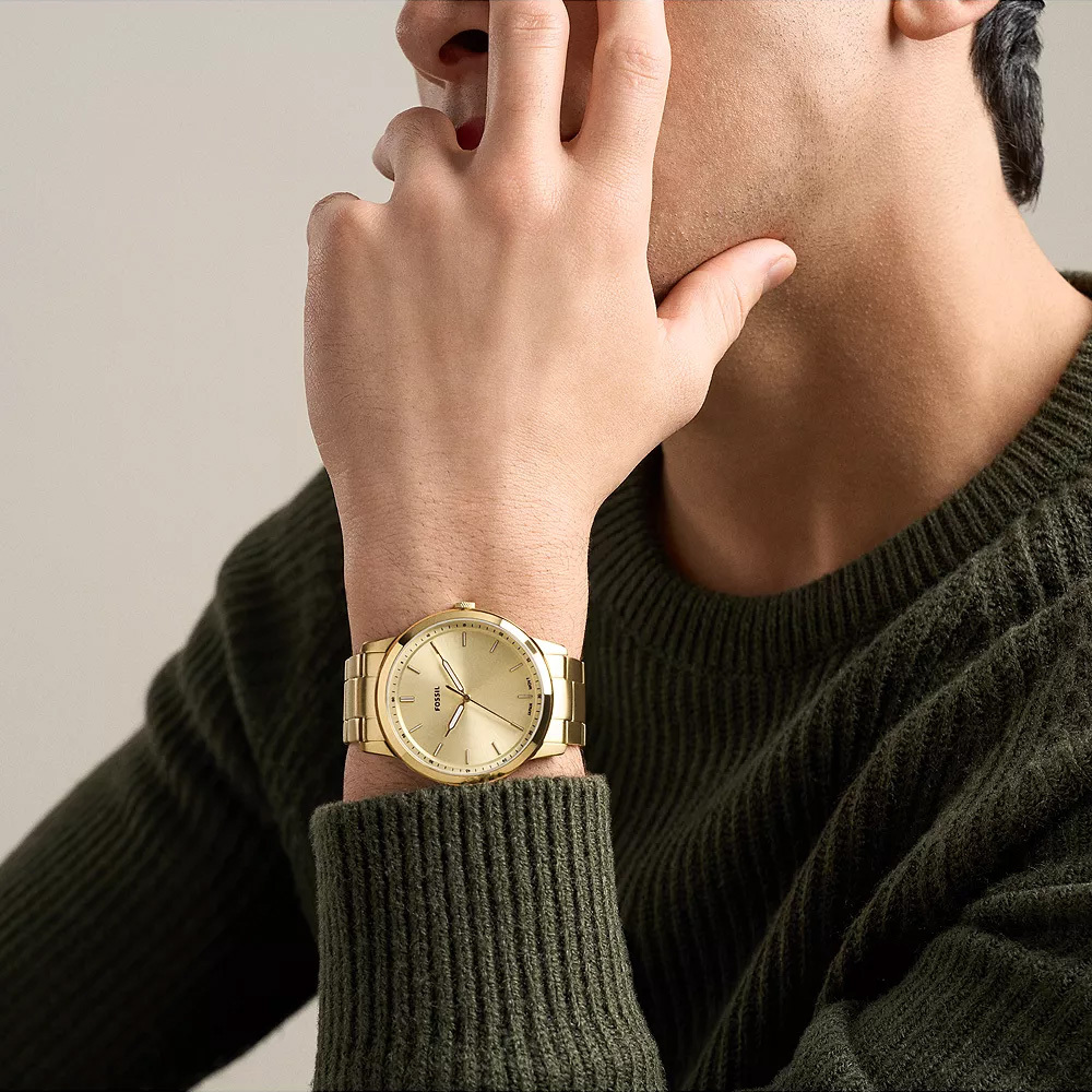 Minimalist 時尚圓形全金屬耀眼金不鏽鋼鍊帶錶 金色不鏽鋼錶帶 44 MM FS6181