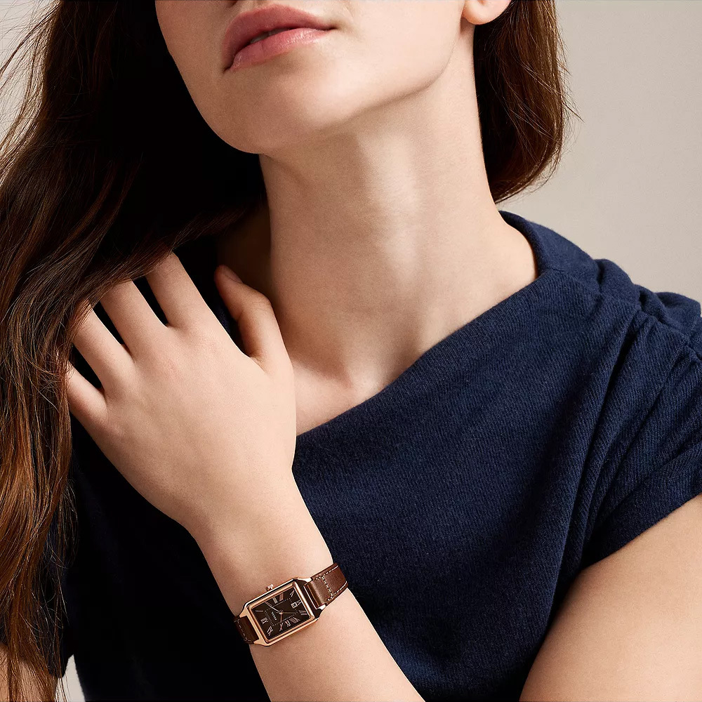 Raquel 經典雅緻純銀方形清透白不鏽鋼鍊帶女錶 咖啡色真皮錶帶 23 MM ES5503