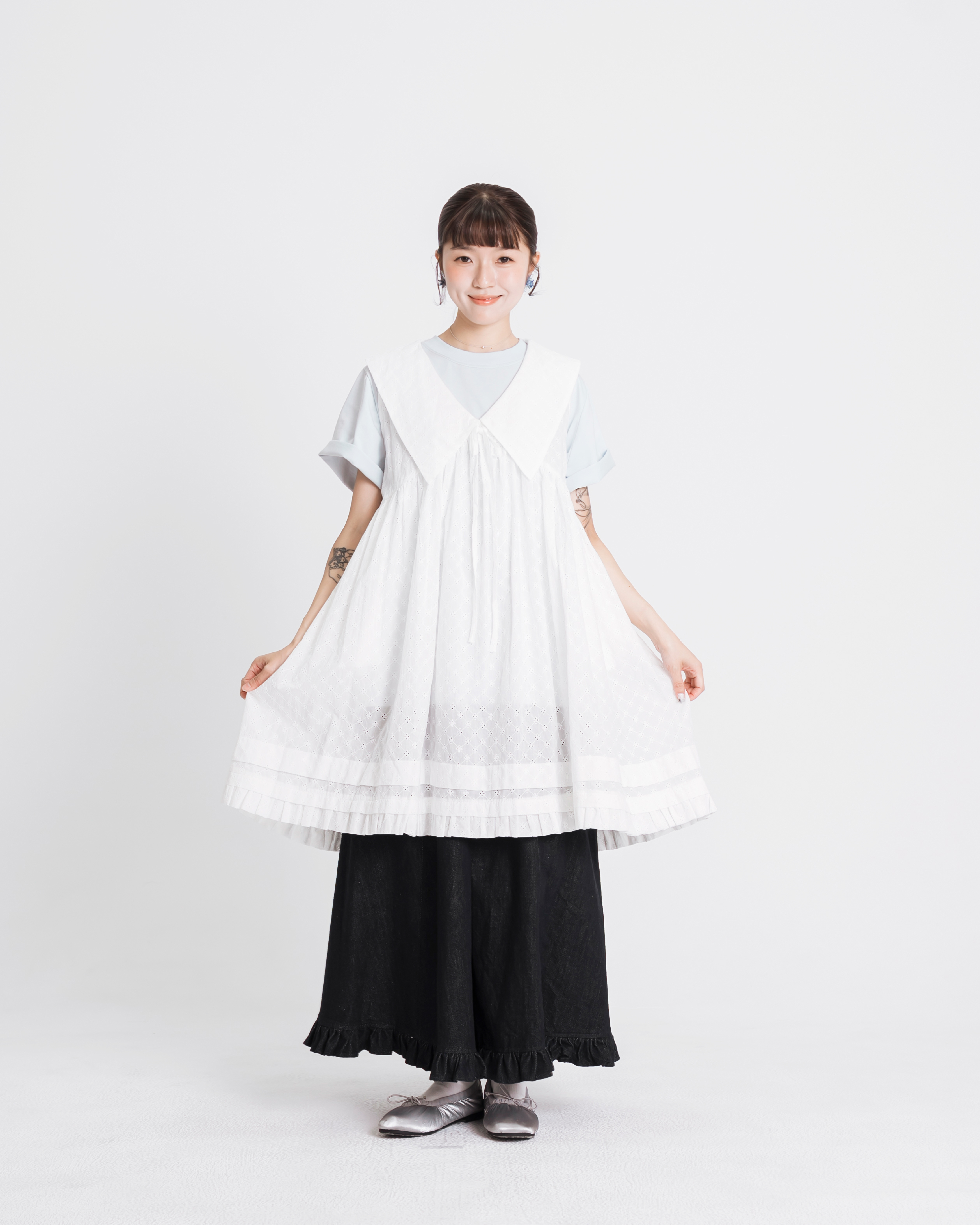 【 Kiki.co made 】Embroidered Pointed-Collar Midi Dress - Ivory