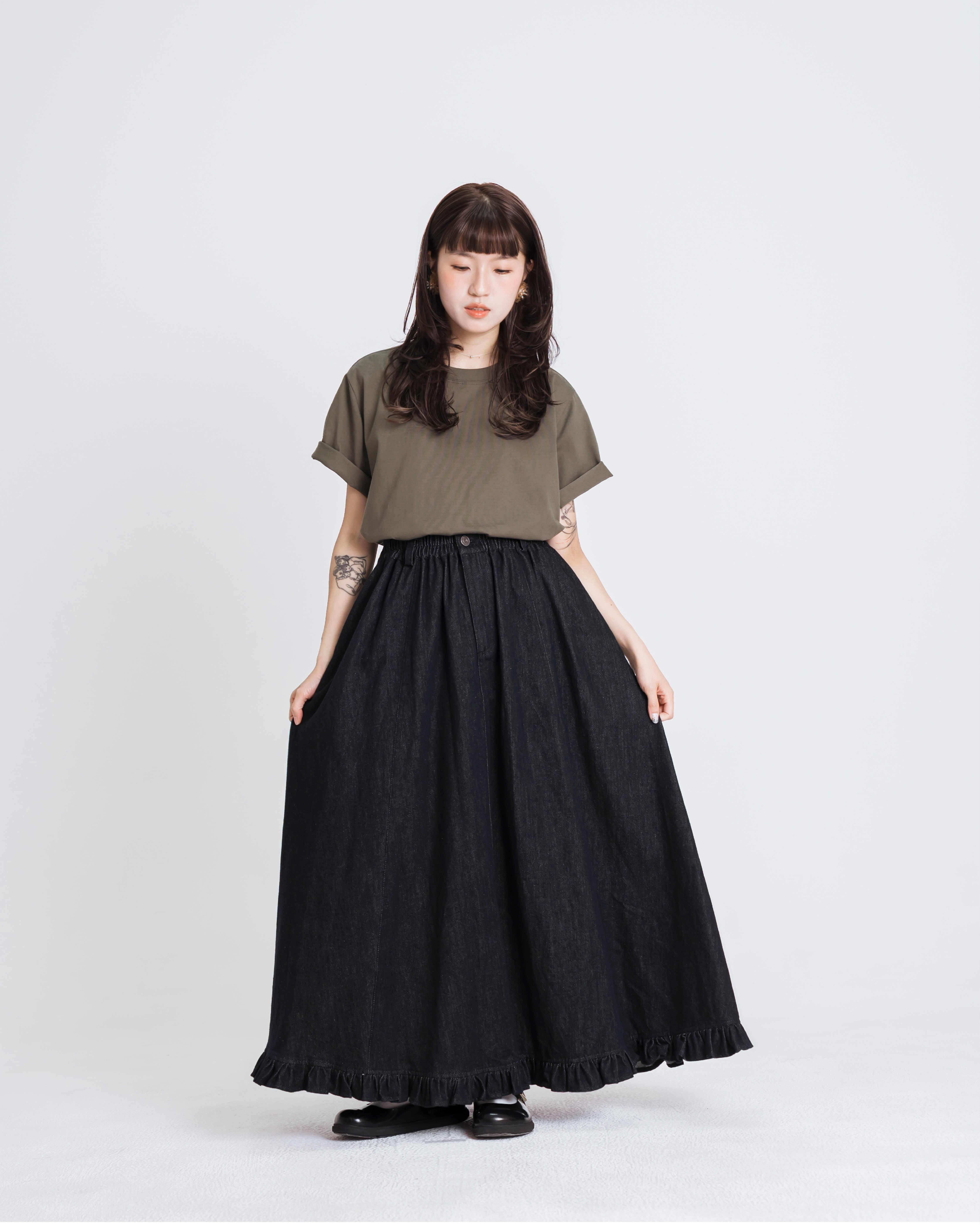 【 Kiki.co made 】Ruffle-Hem Denim Panel Skirt - Denim