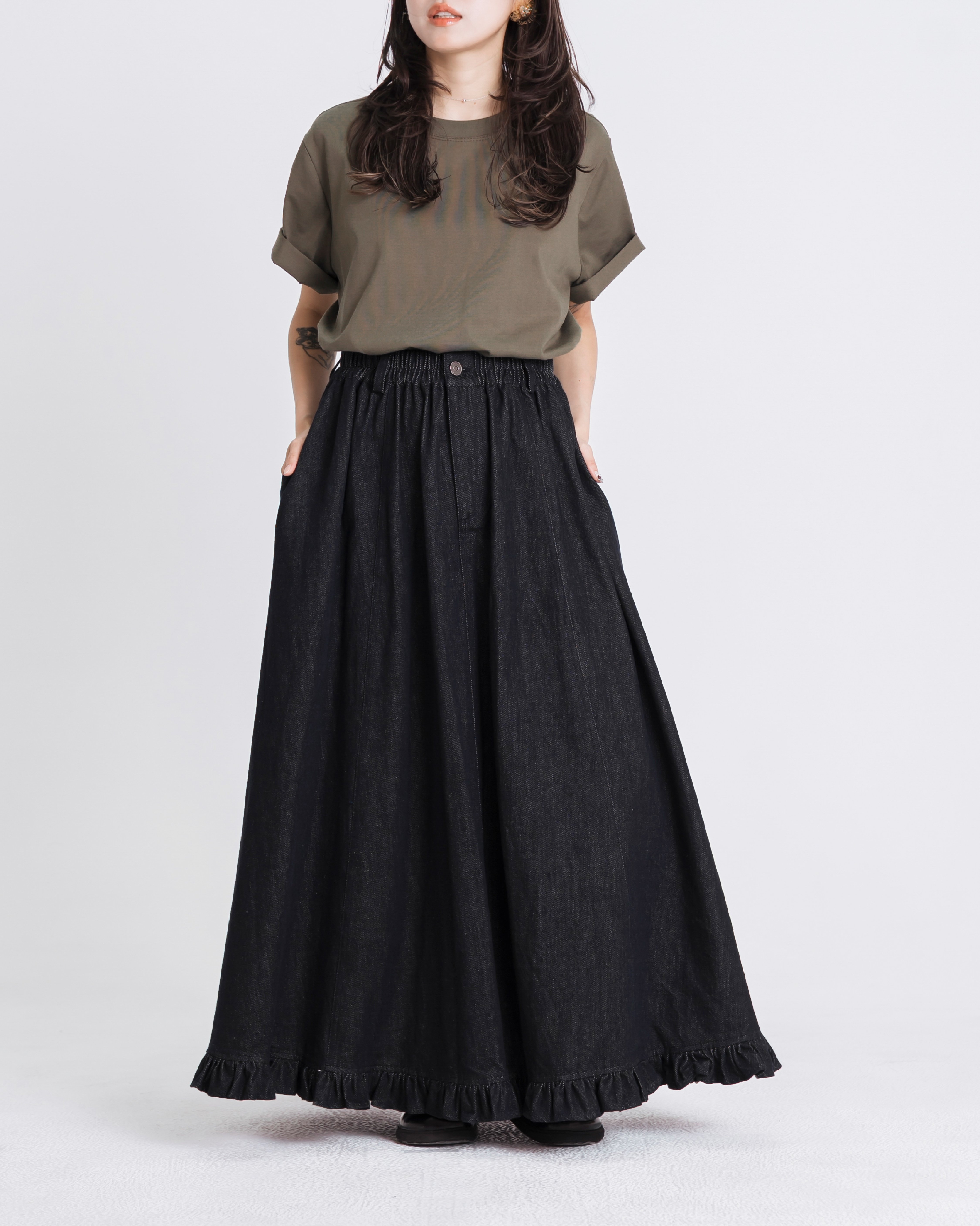【 Kiki.co made 】Ruffle-Hem Denim Panel Skirt - Denim