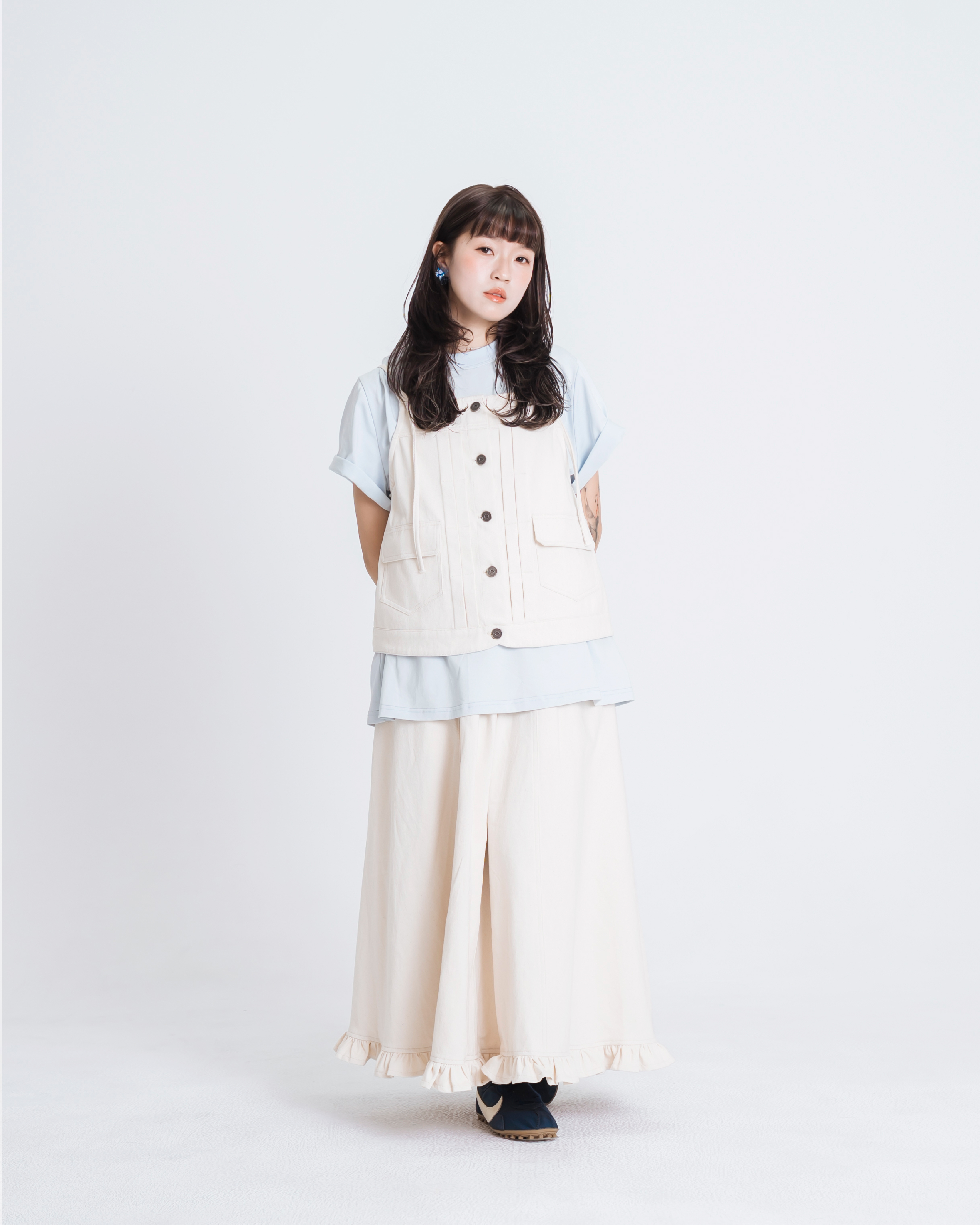 【 Kiki.co made 】Ruffle-Hem Denim Panel Skirt - Off White