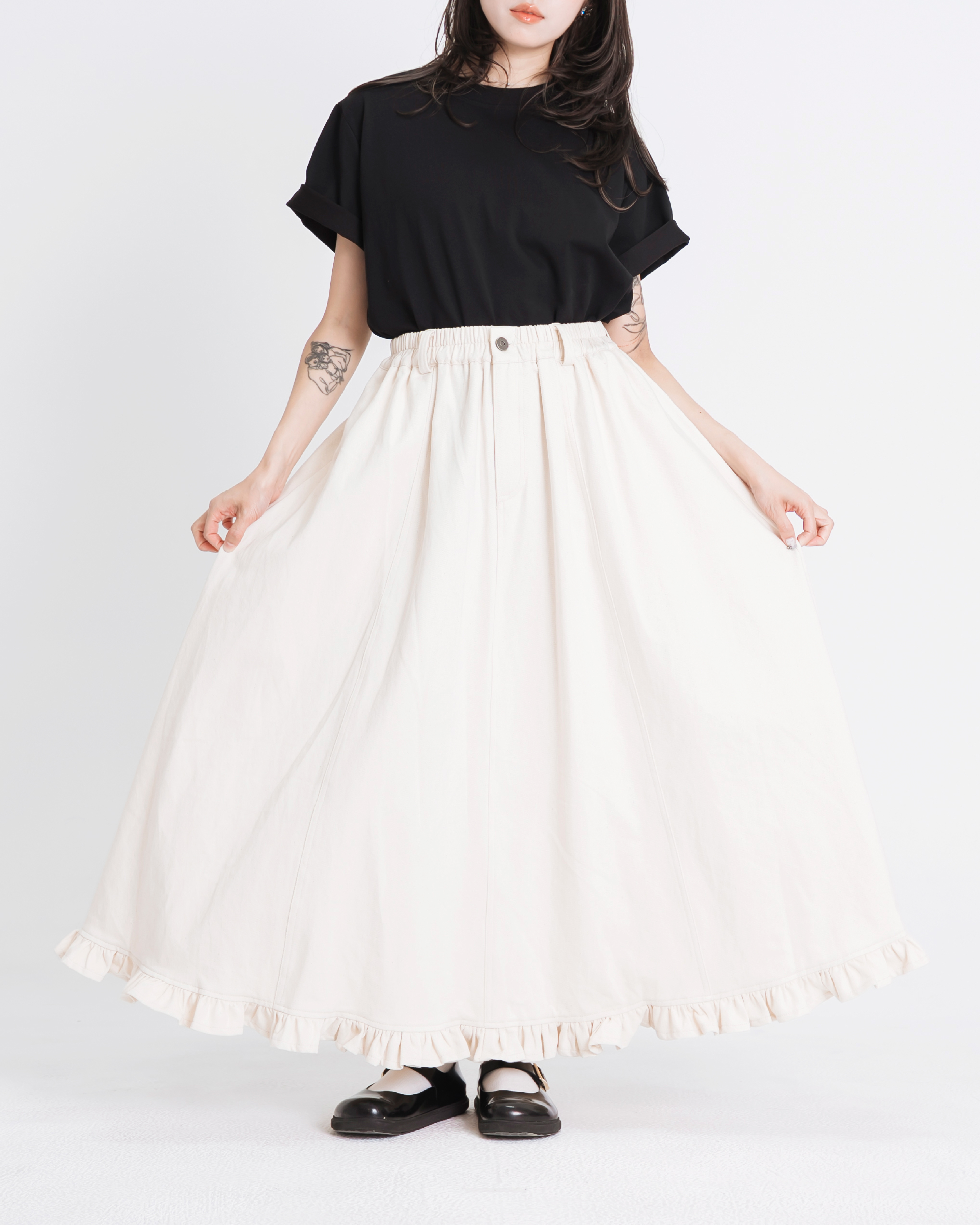 【 Kiki.co made 】Ruffle-Hem Denim Panel Skirt - Off White