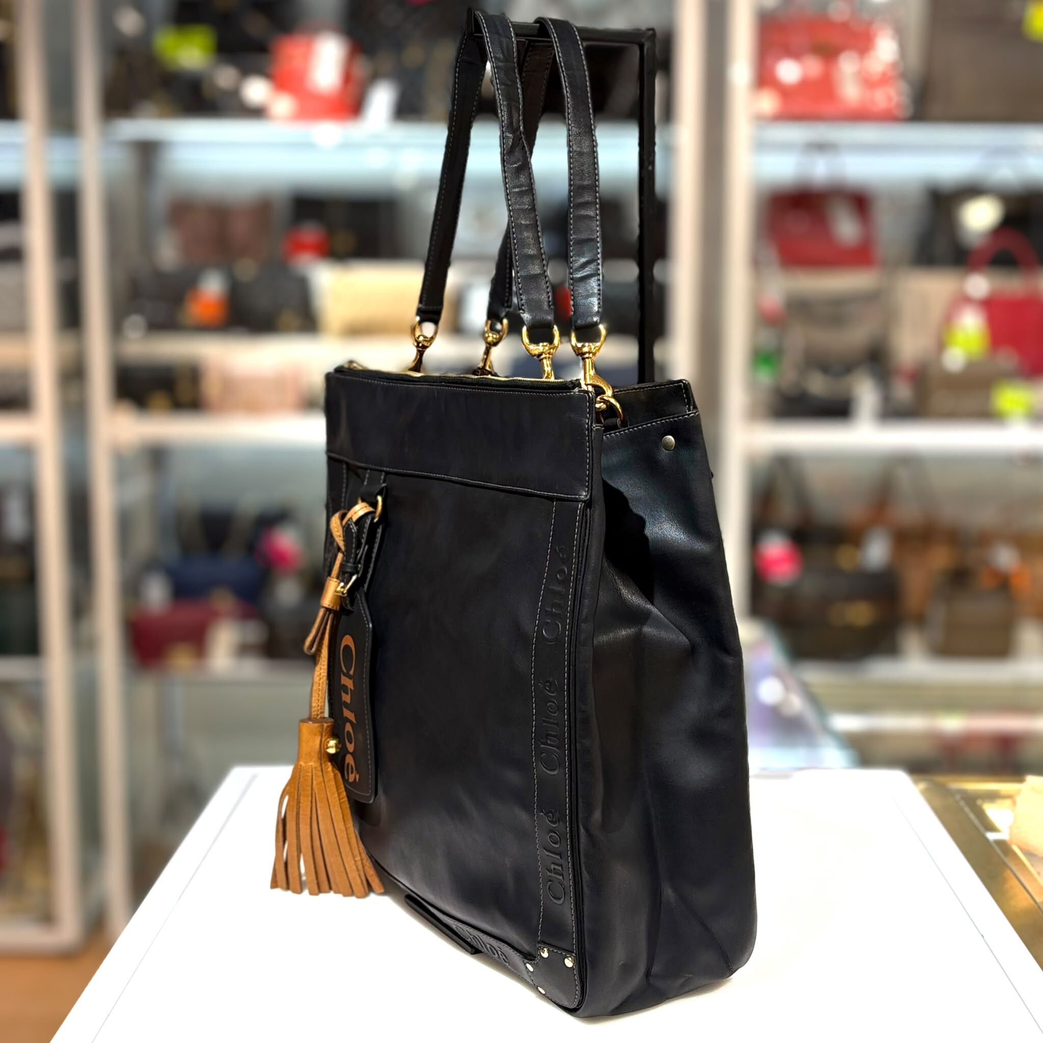 95%NEW二手CHLOE Eden Leather Tote Bag  黑色牛皮棕色流蘇吊飾 #香榭站正品