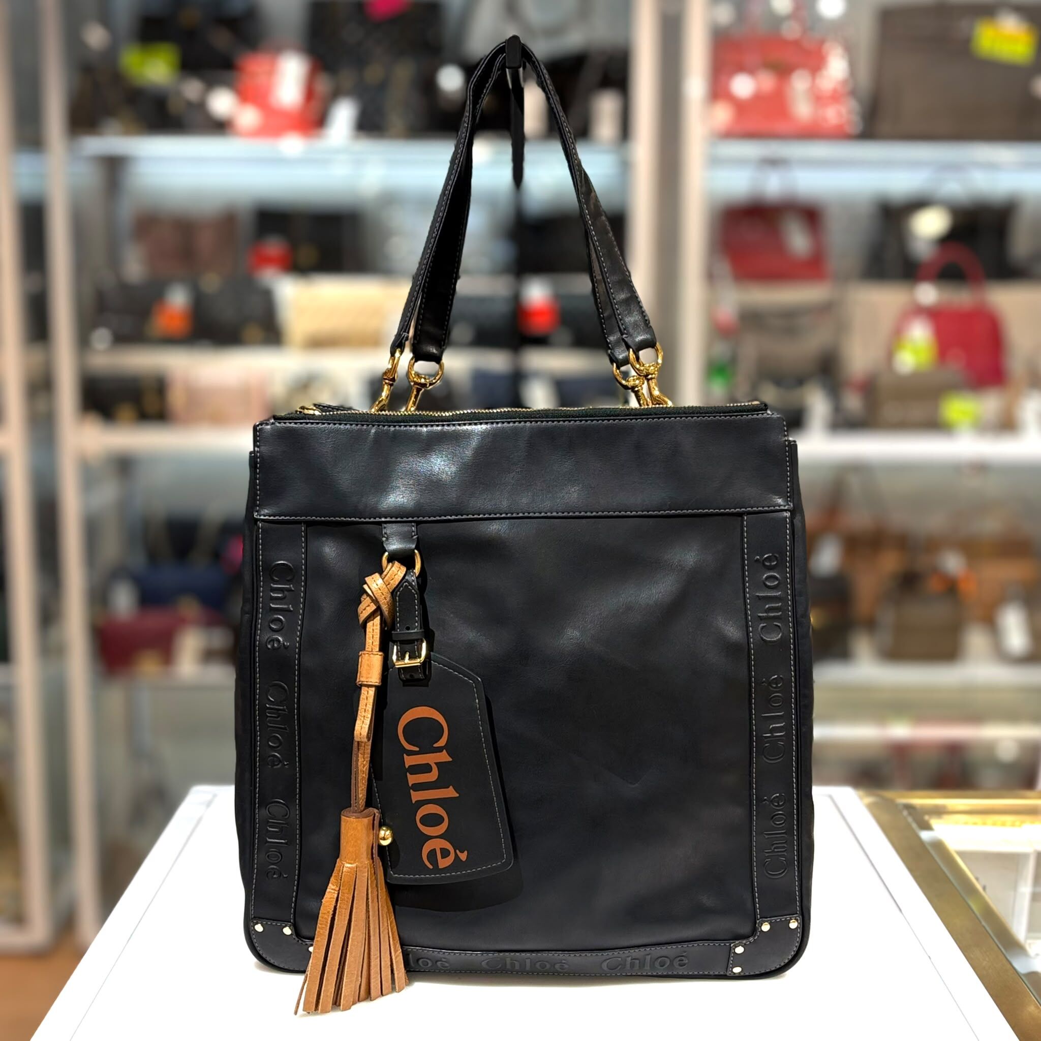95%NEW二手CHLOE Eden Leather Tote Bag  黑色牛皮棕色流蘇吊飾 #香榭站正品