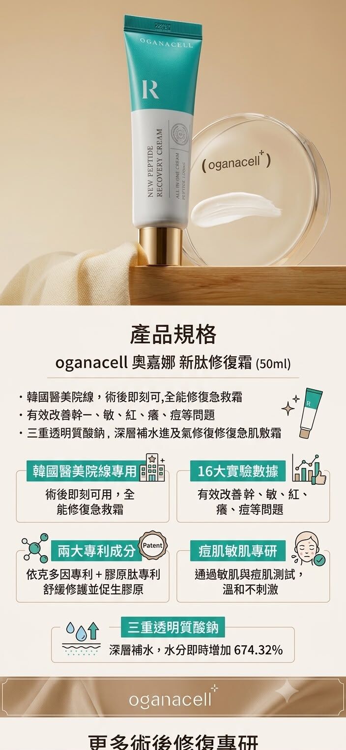 (限量30套) UE26 韓國Oganacell peptide recovery cream 全能急救修复霜50ml   原價$799  校長直播價 $229 3件起$195/1 made in korea  EXP 6/ 2027