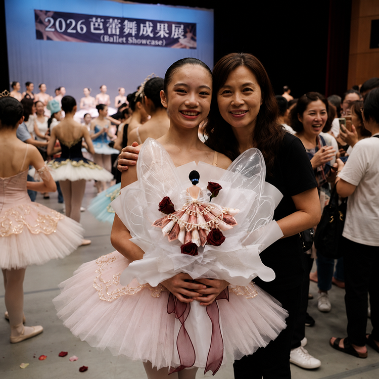 女孩拿著公主裙鈔票花束在舞蹈表演成果展,旁邊還有媽媽一起拍照