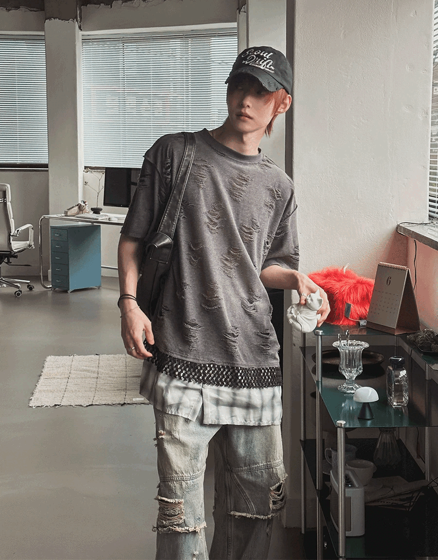 破損圈圈紗層疊T恤