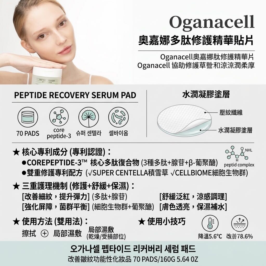 UE71 oganacell PEPTIDE RECOVERY SERUM PAD 精華綿片70 PADS /160G $224/1 $3件起190/1 [任選6盒送一支舊版修復霜]