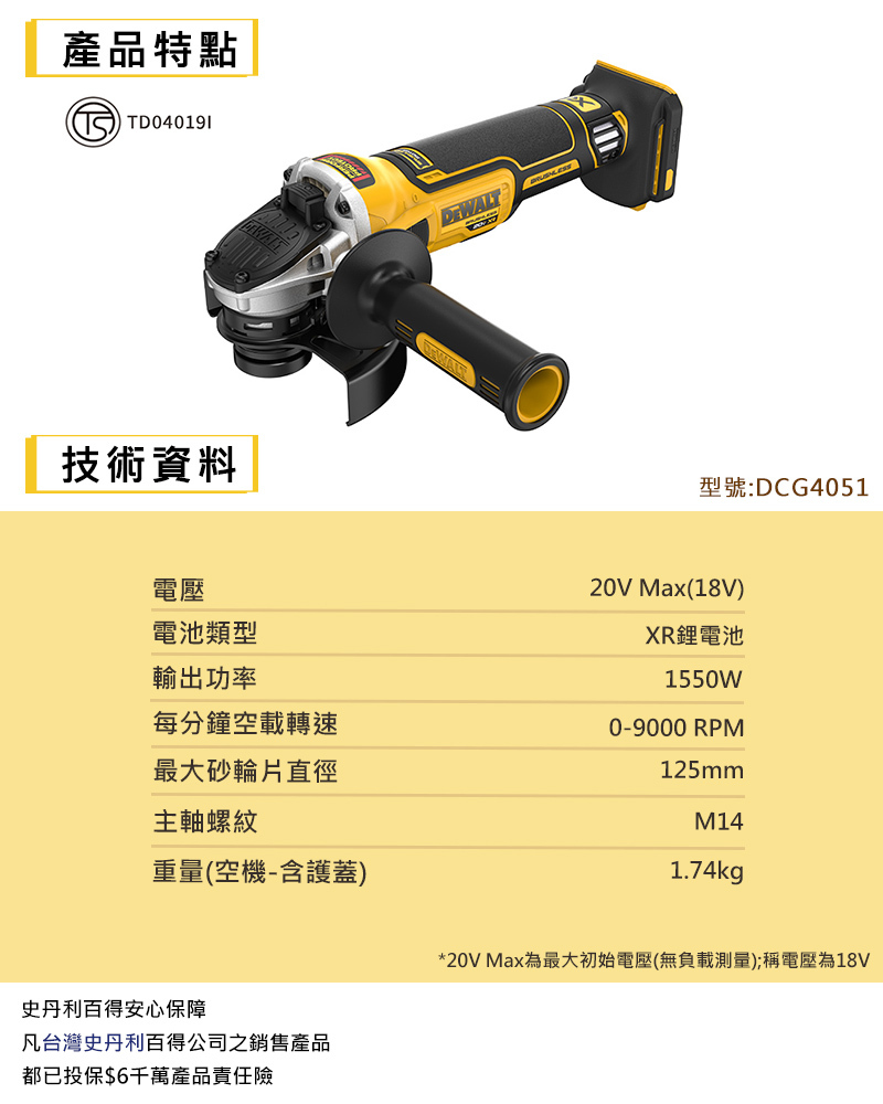 DEWALT 得偉 美國｜20V無碳刷5"砂輪機(空機) 側開關｜DW-DCG4051N