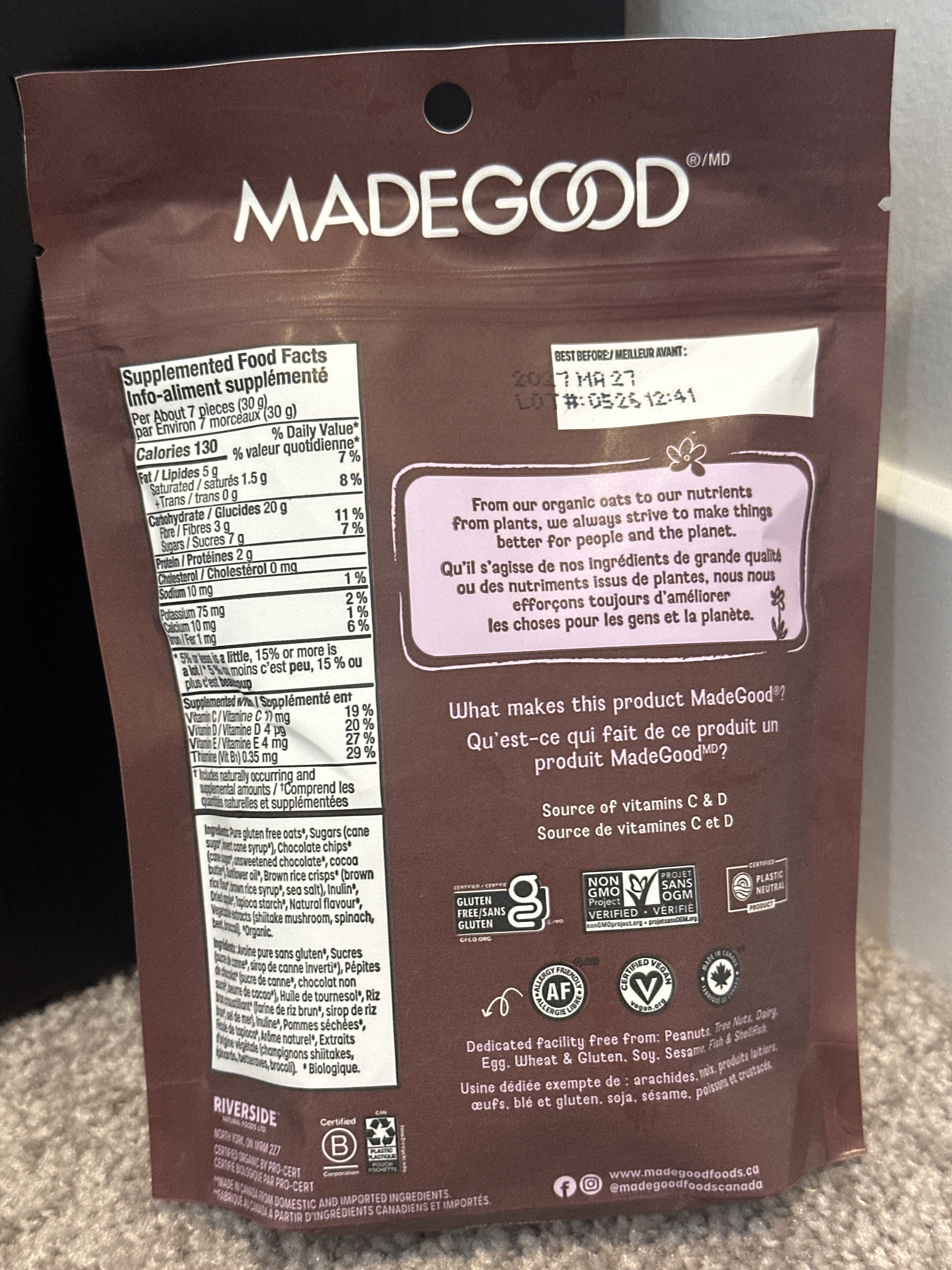 US08 MadeGood 朱古力味燕麥波波 Organic Granola Bites Chocolate Chip 100g x2包  **到期日: 約 2027/04