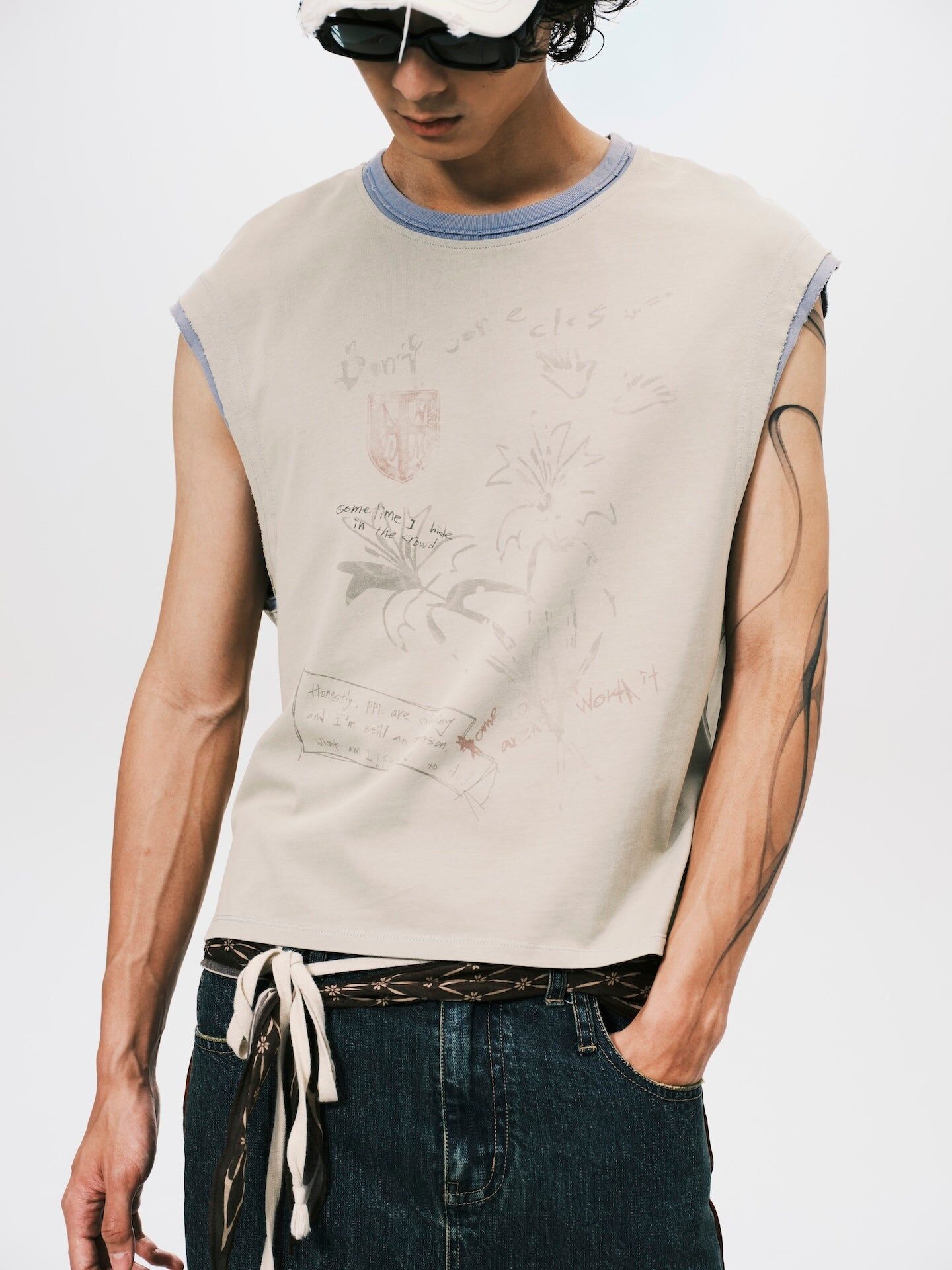ANOWHEREMAN｜Sketch Print Sleeveless Top (Green)