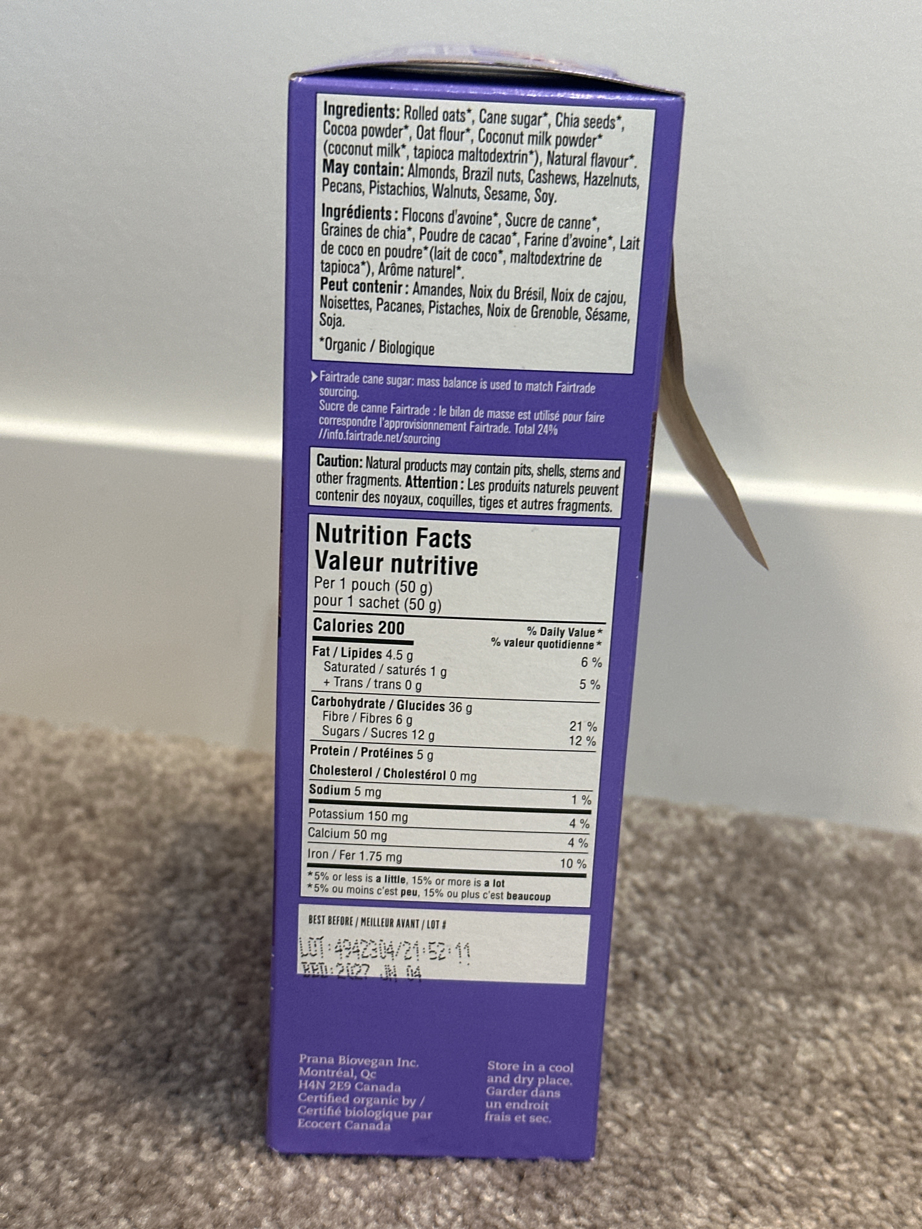 US02 Prana 有機燕麥奇亞籽 朱古力味 250g  x2盒  **到期日: 約 2027/05