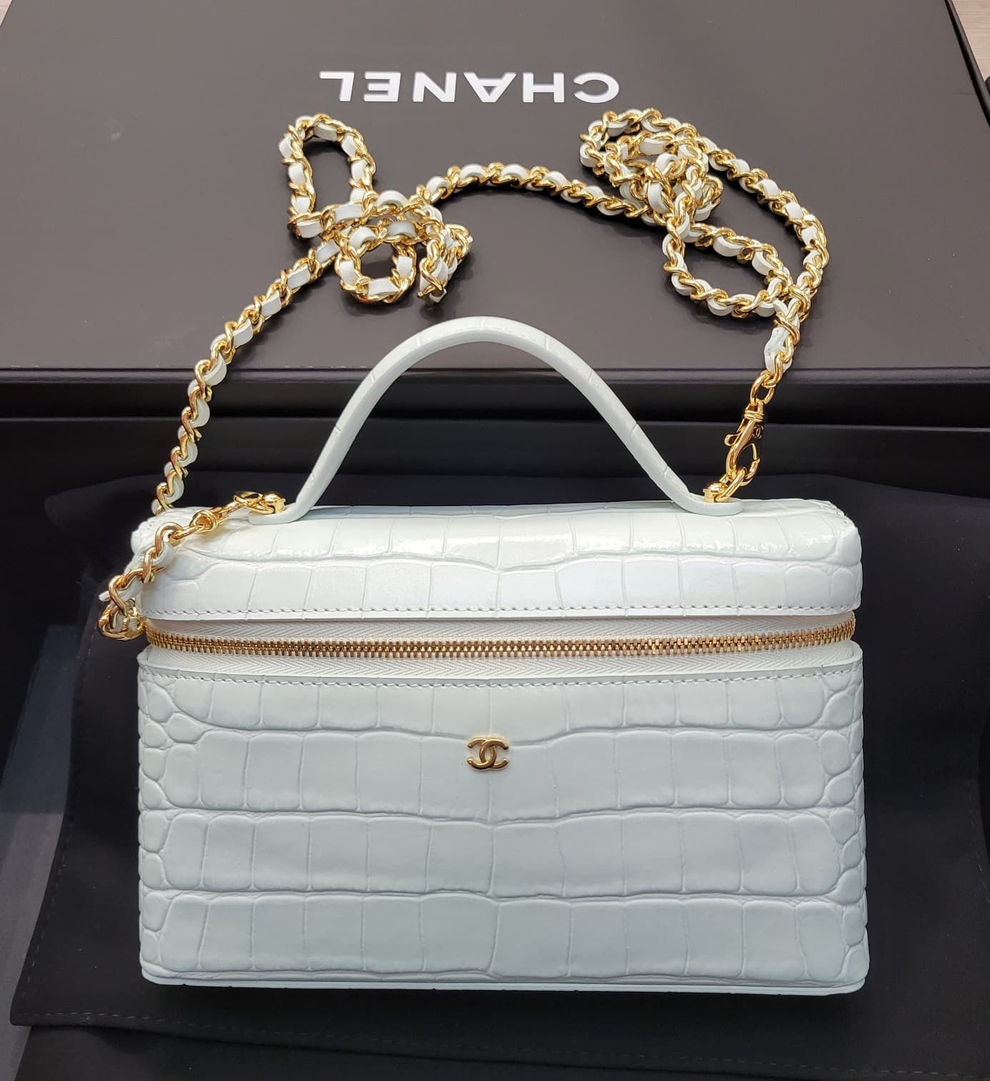 CHANEL AP5195 CROCODILE 19CM BAG GREEN GOLD 鱷魚紋小牛皮湖水綠
