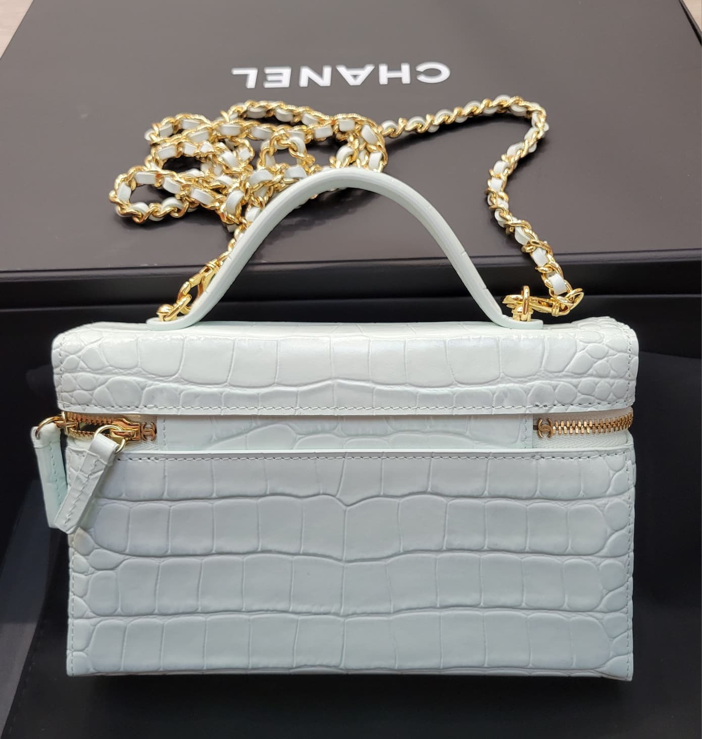 CHANEL AP5195 CROCODILE 19CM BAG GREEN GOLD 鱷魚紋小牛皮湖水綠