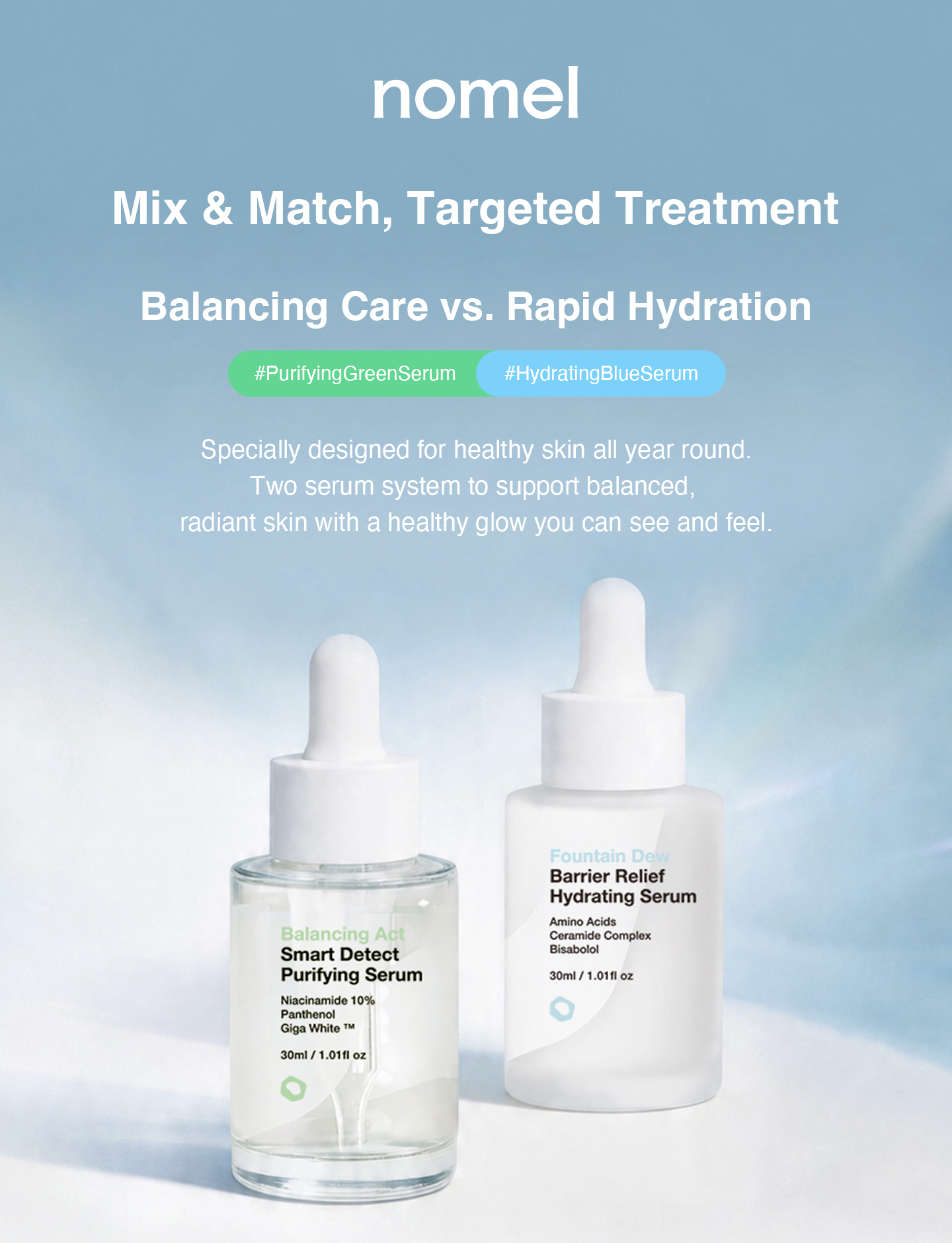 The Signature Duo pairing of Fountain Dew Barrier Relief Hydrating Serum and Balancing Act Smart Detect Purifying Serum, one balances oil control and one delivers hydrating moisture