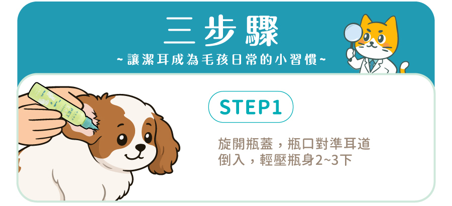 歸毛家族萌耳液使用步驟一：旋開瓶蓋並對準寵物耳道，輕壓瓶身 2 到 3 下倒入潔耳液。