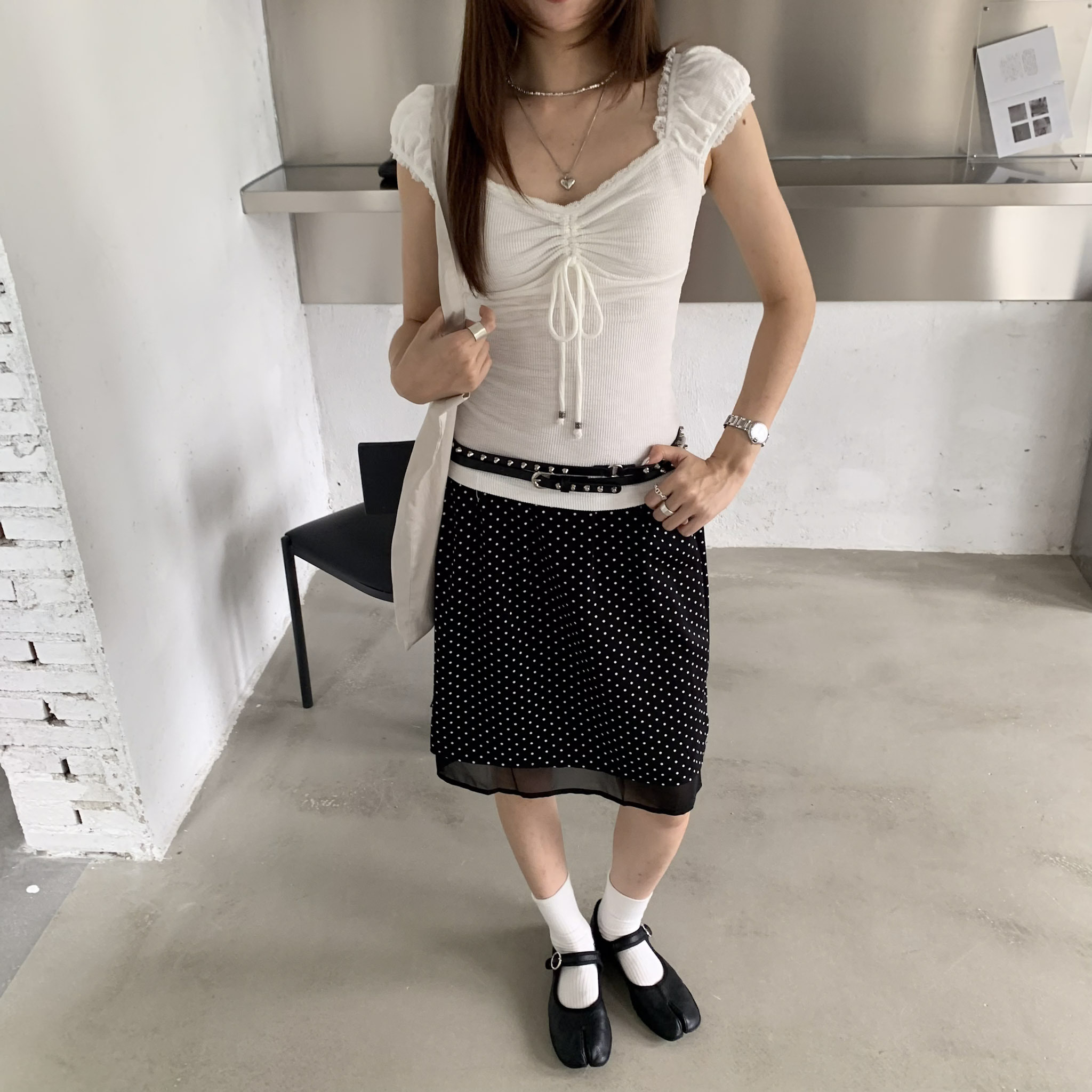 ISA_(美!)赫本裙擺 雙層波點側開衩五分裙_65027