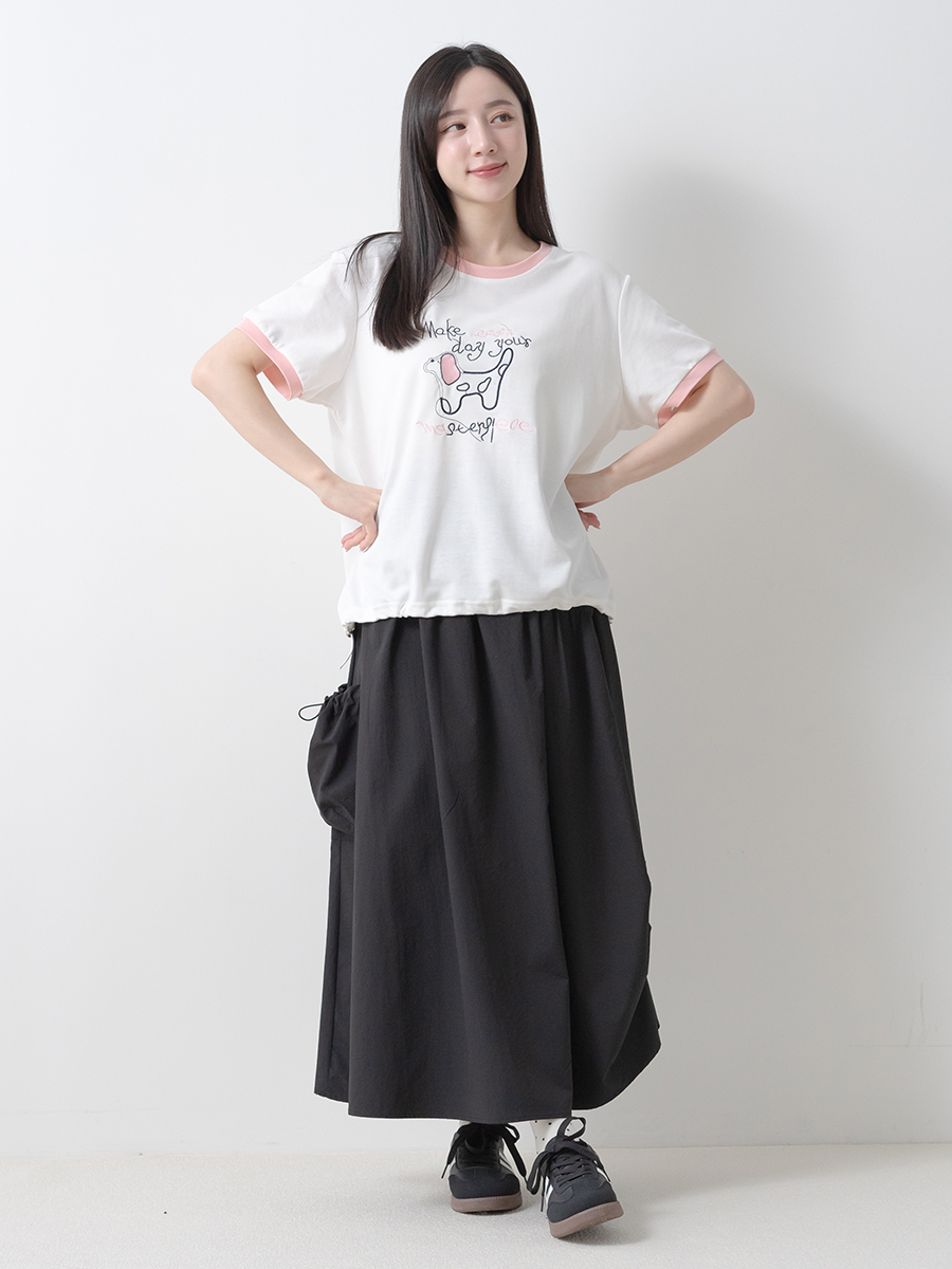 刺繡撞色抽繩上衣側抓褶工裝 A 字長裙組合