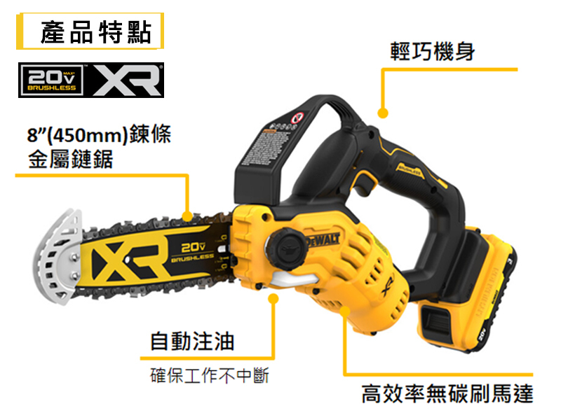 DEWALT 得偉 美國｜20V MAX 無碳刷8鏈鋸機｜空機｜DW-DCCS623B