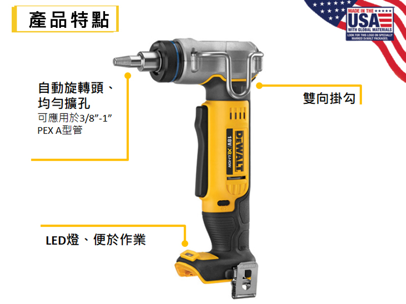 DEWALT 得偉 美國｜ 20V MAX PEX擴孔器2.0Ah｜DW-DCE400D2｜充電式｜公司貨